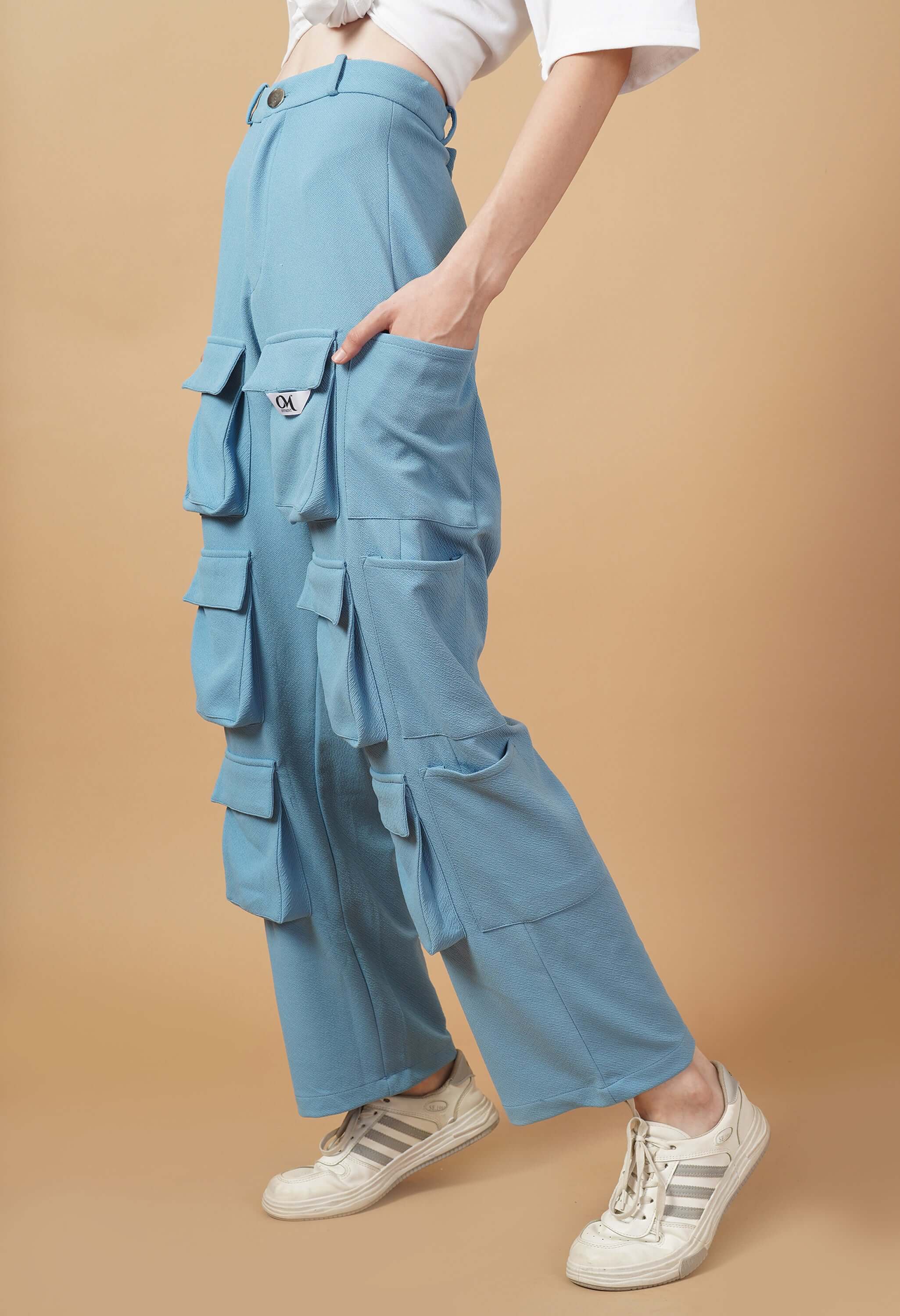 12 pocket women's cargo pant sky blue color