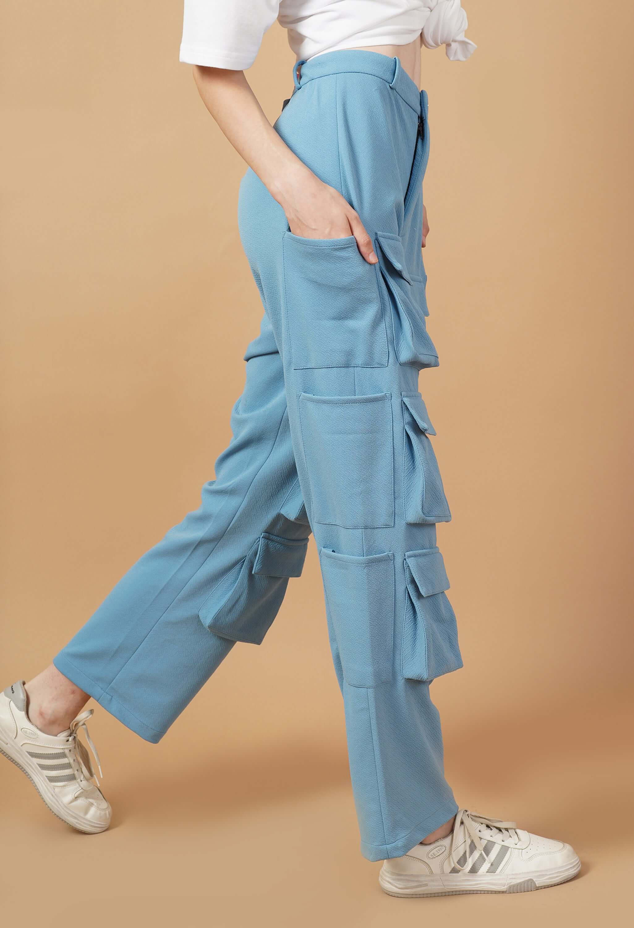 12 pocket women's cargo pant sky blue color by offmint