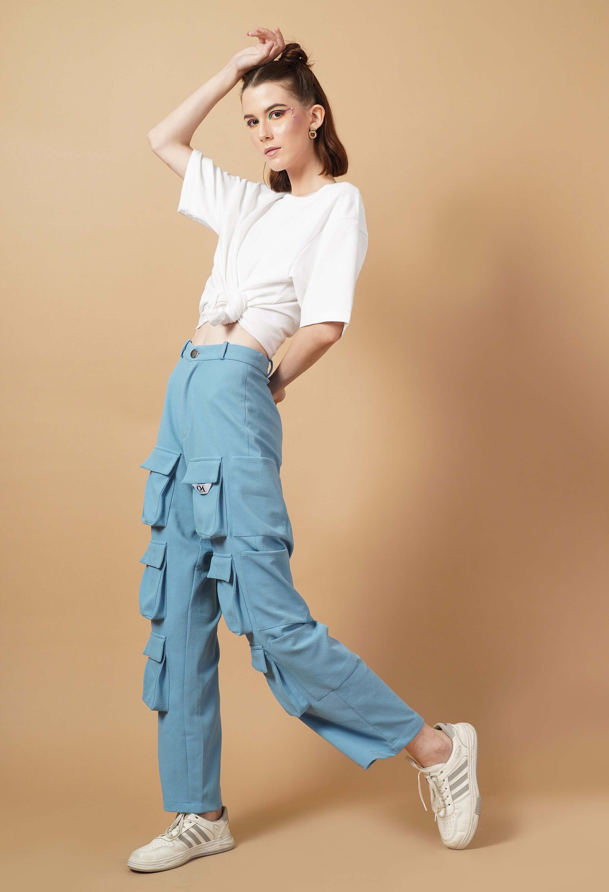 12 pocket women's cargo sky blue color