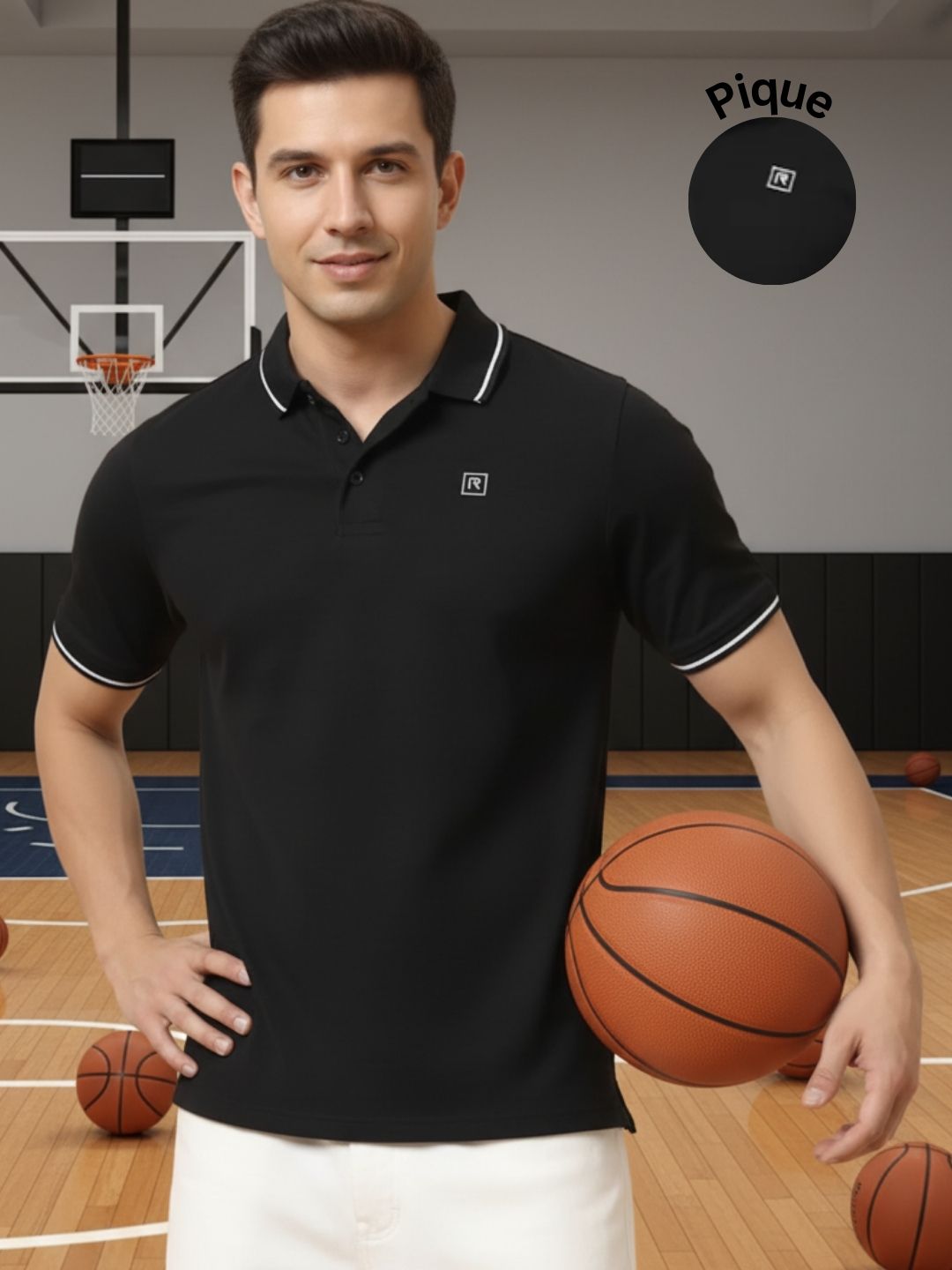 Men Solid Polo Neck Cotton Black T-Shirt