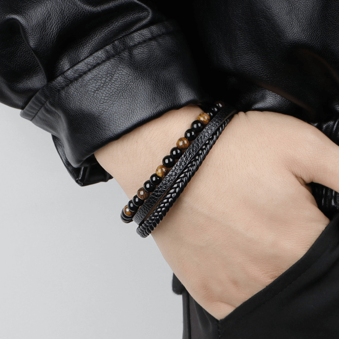 Multilayer Leather Bracelet with Tiger Eye And Lava Natural Beads For Men By Offmint