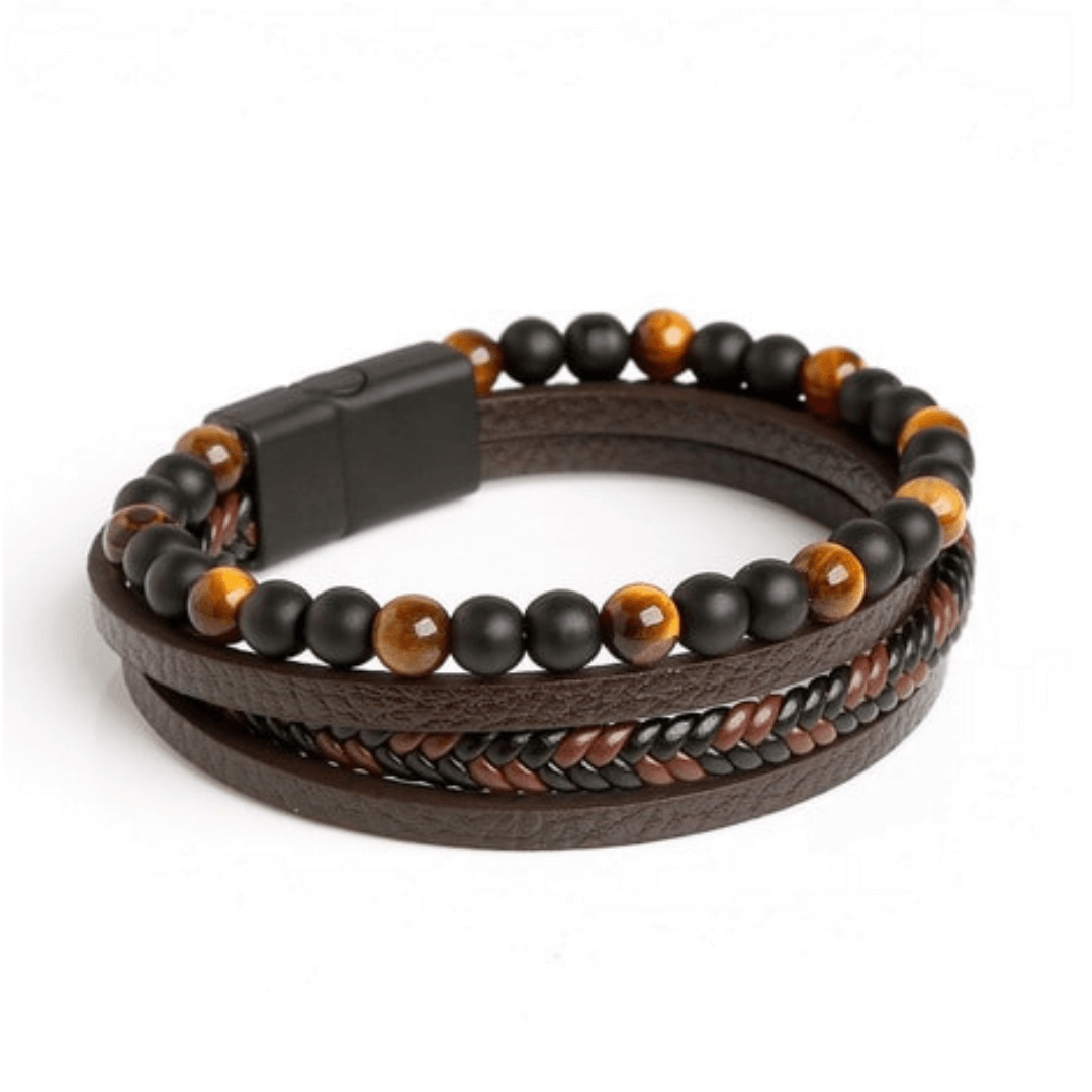Multilayer Leather Bracelet with Tiger Eye And Lava Natural Beads For Men By Offmint