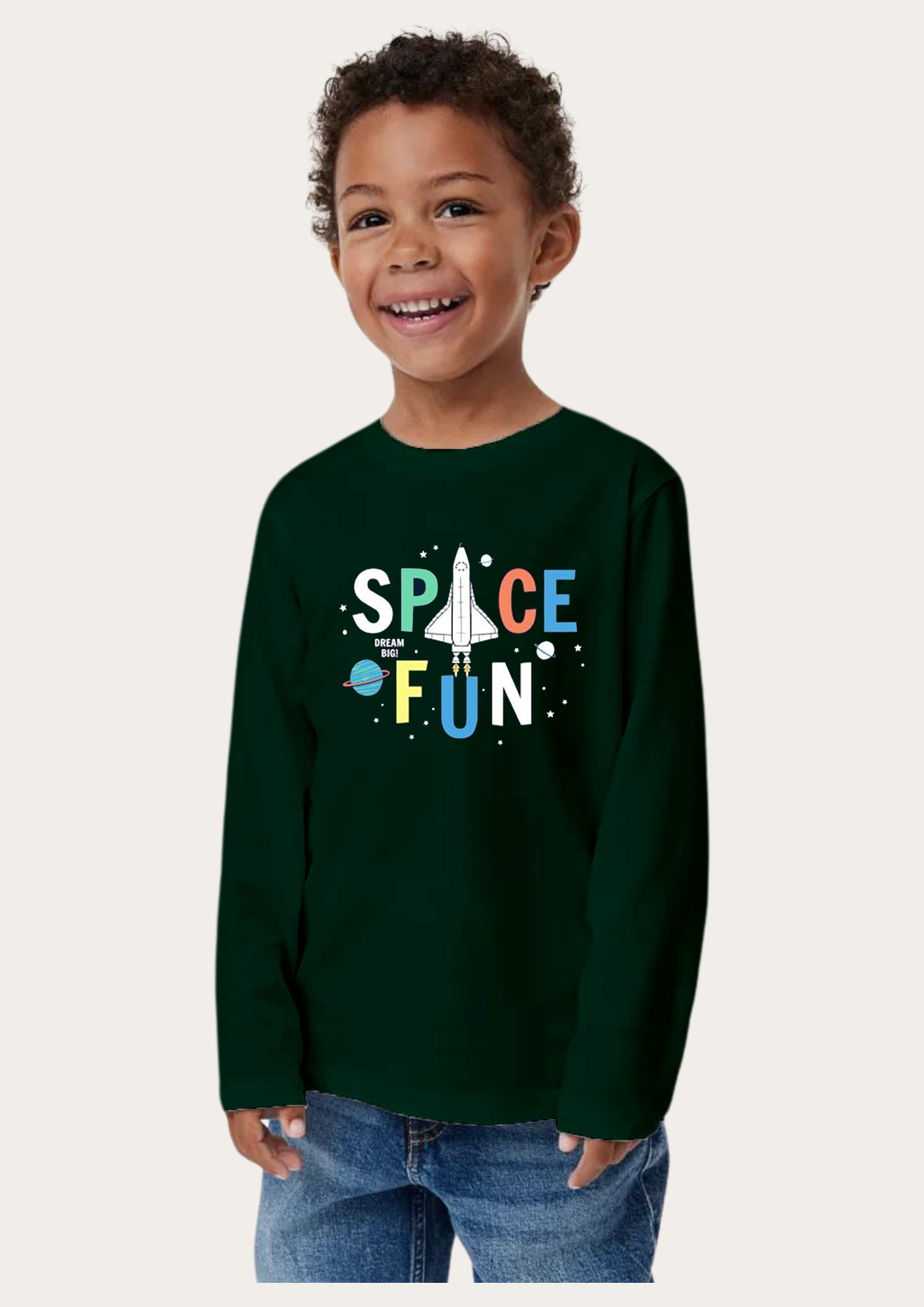 Space Fun Printed Bottle Green Full Sleeves Kids T-shirt By Offmint