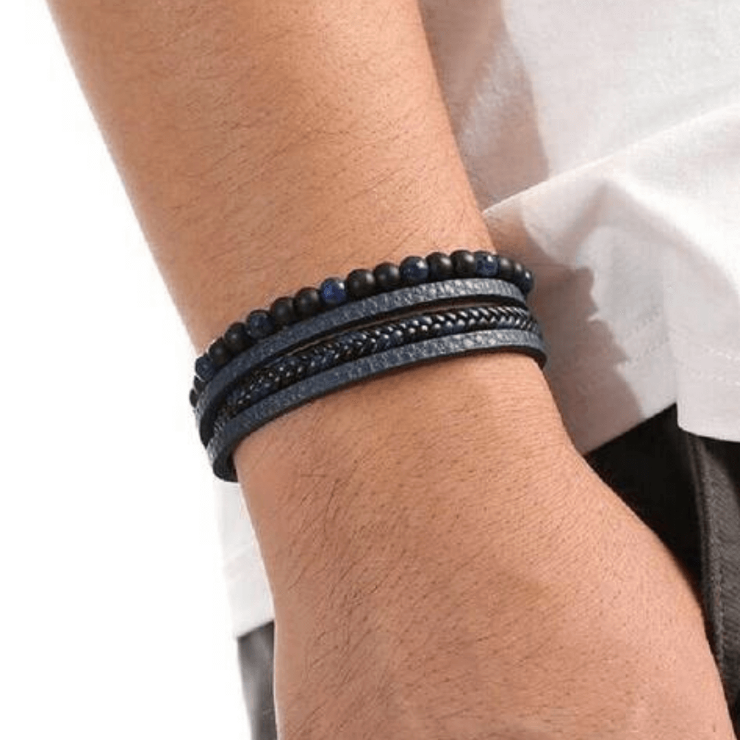 Multilayer Leather Bracelet with Natural Sodalite And Lava Beads For Men By Offmint