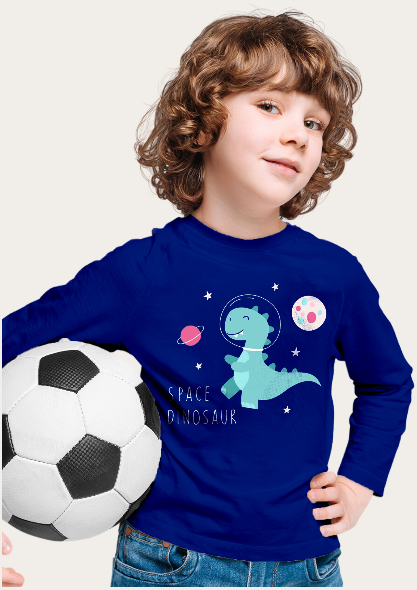 Space Dinosaur Printed Royal Blue Full Sleeves Kids T-shirt By Offmint