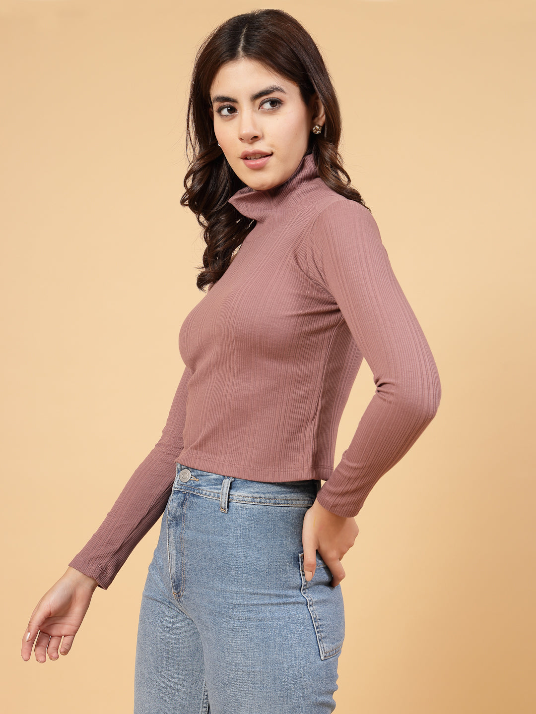 Women Solid Mauve Full Sleeves Crop Top