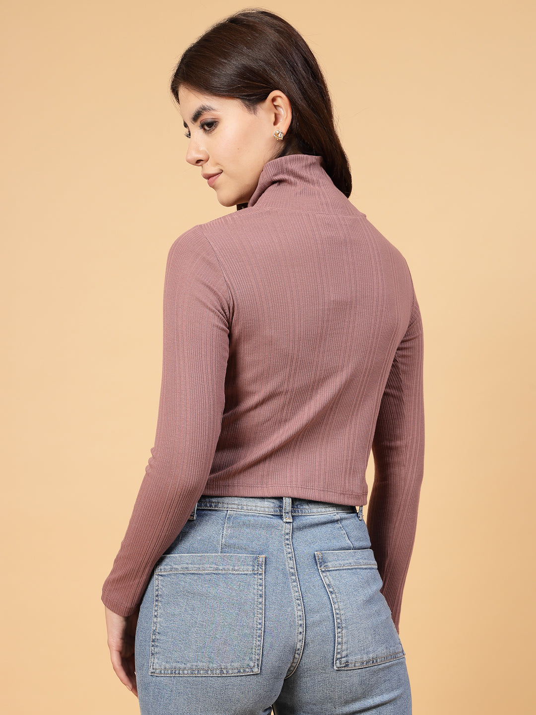 Women Solid Mauve Full Sleeves Crop Top