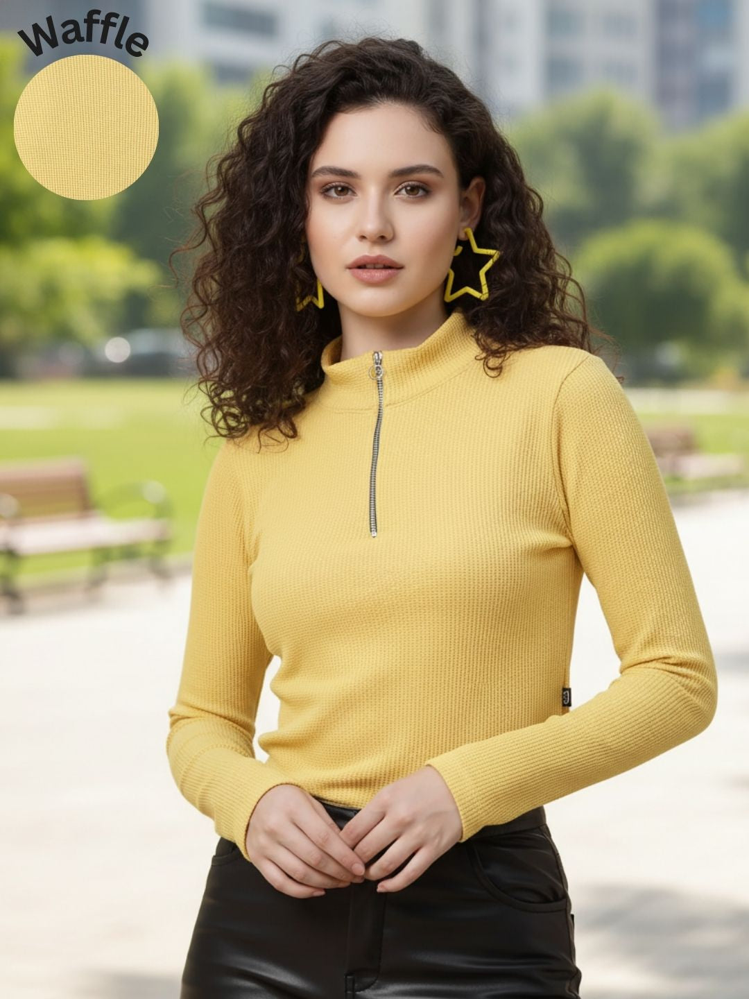 Women Textured Yellow Zipper Mock Neck Crop Top