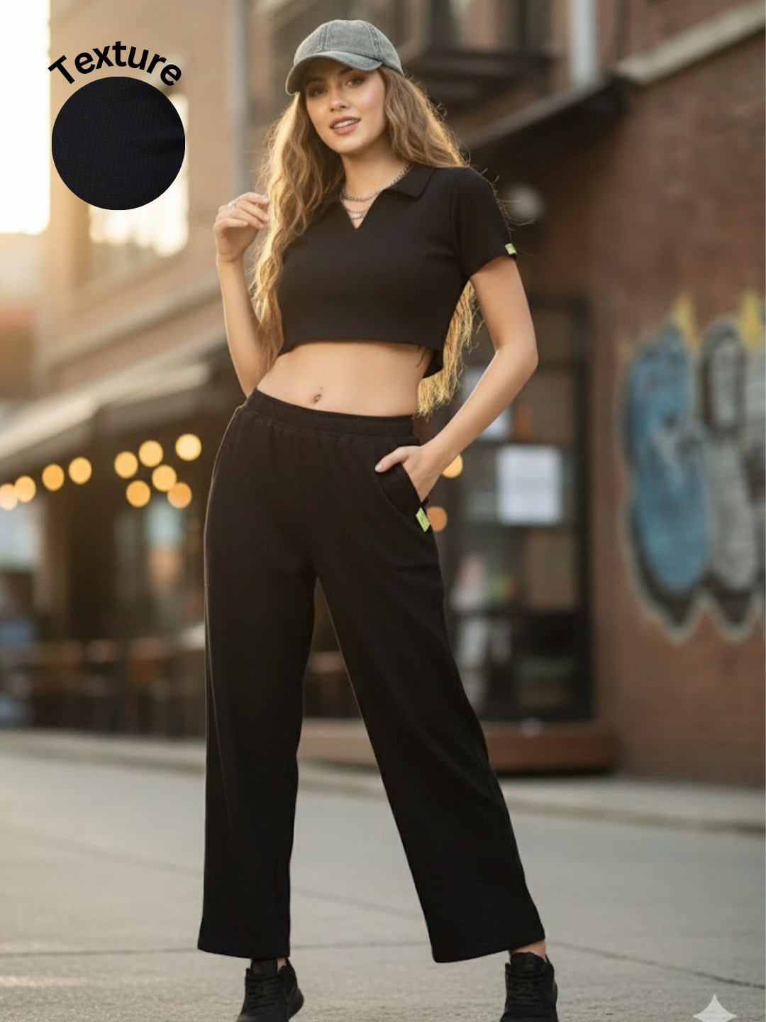 Women Black Solid Waffle Short Sleeves Regular Fit Co-ord Set