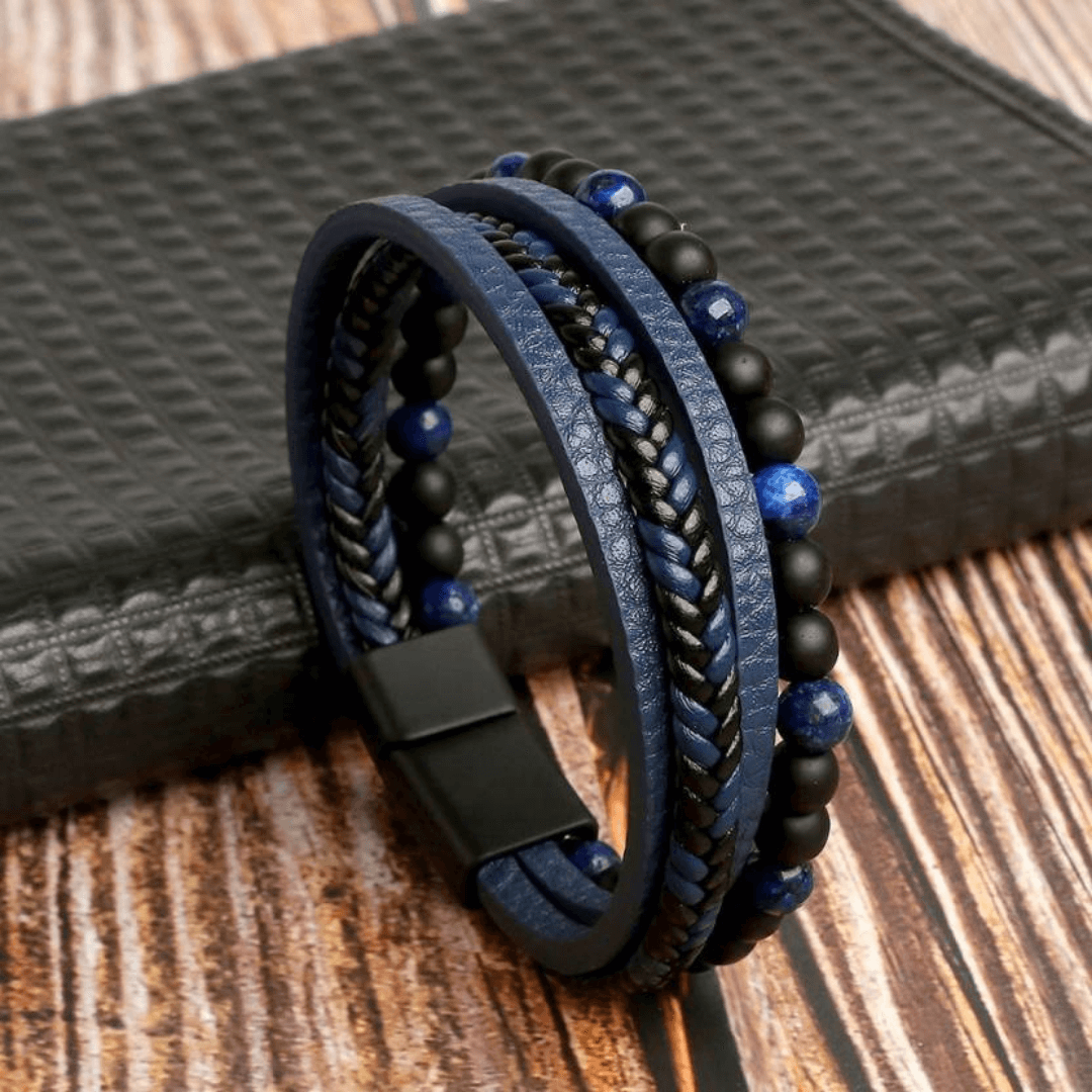 Multilayer Leather Bracelet with Natural Sodalite And Lava Beads For Men By Offmint