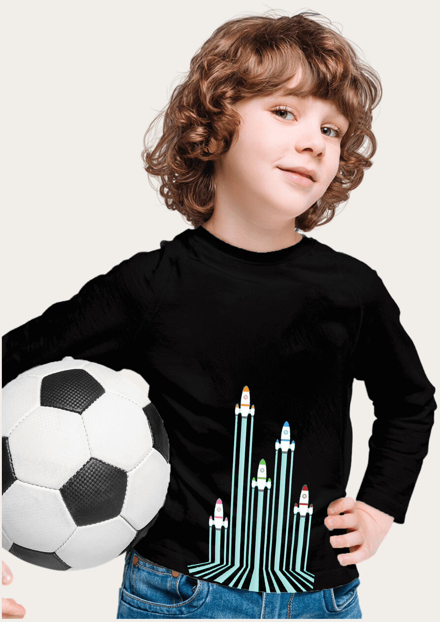 Spaceship Printed Black Full Sleeves Kids T-shirt By Offmint