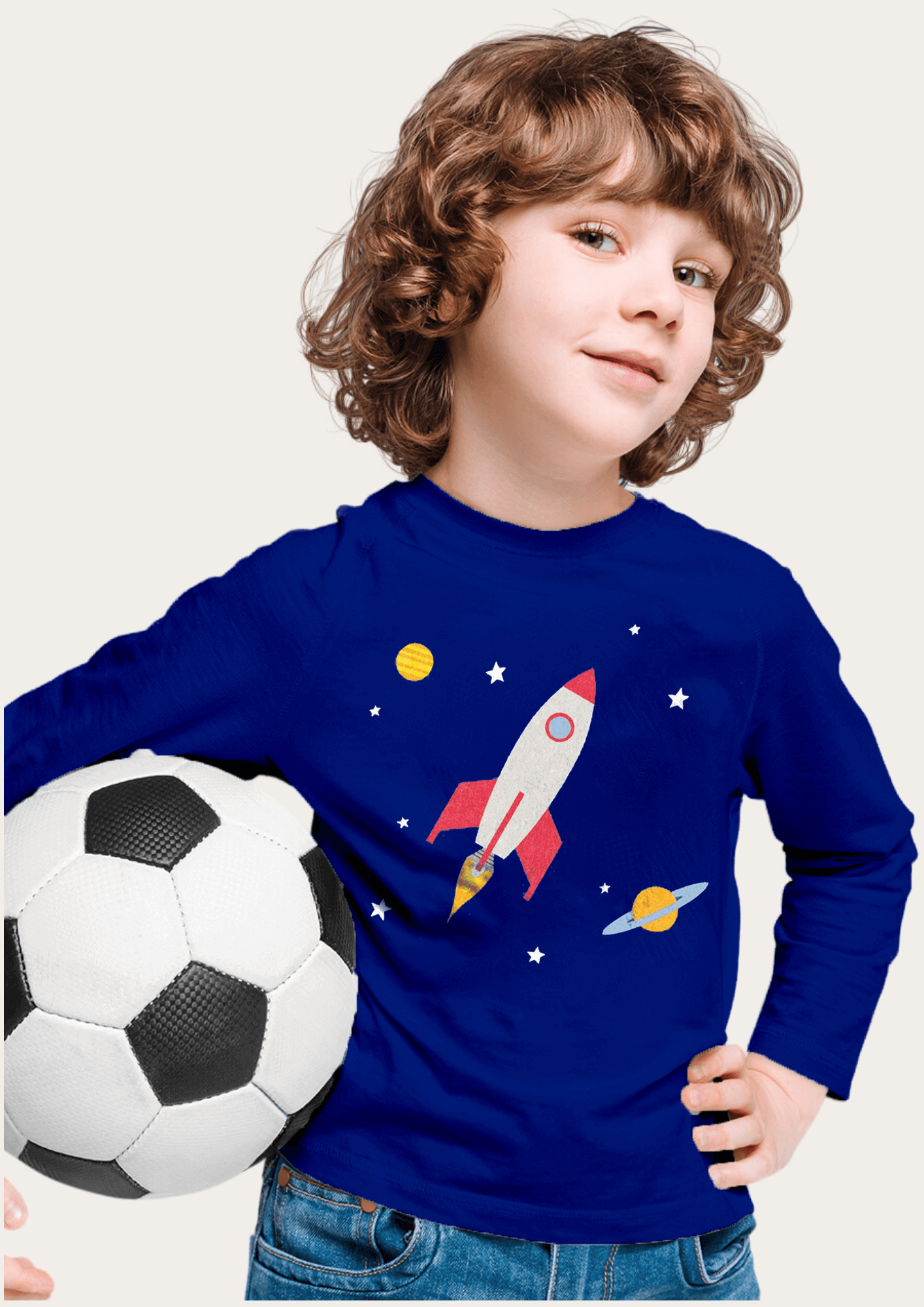 Welcome To Space Printed Royal Blue Full Sleeves Kids T-shirt By Offmint