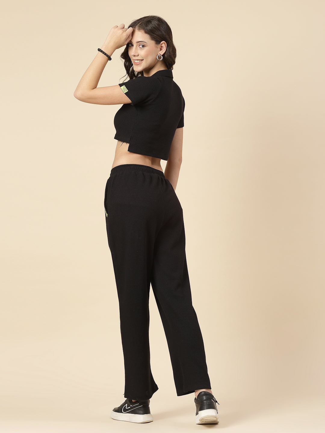 Women Black Solid Waffle Short Sleeves Regular Fit Co-ord Set