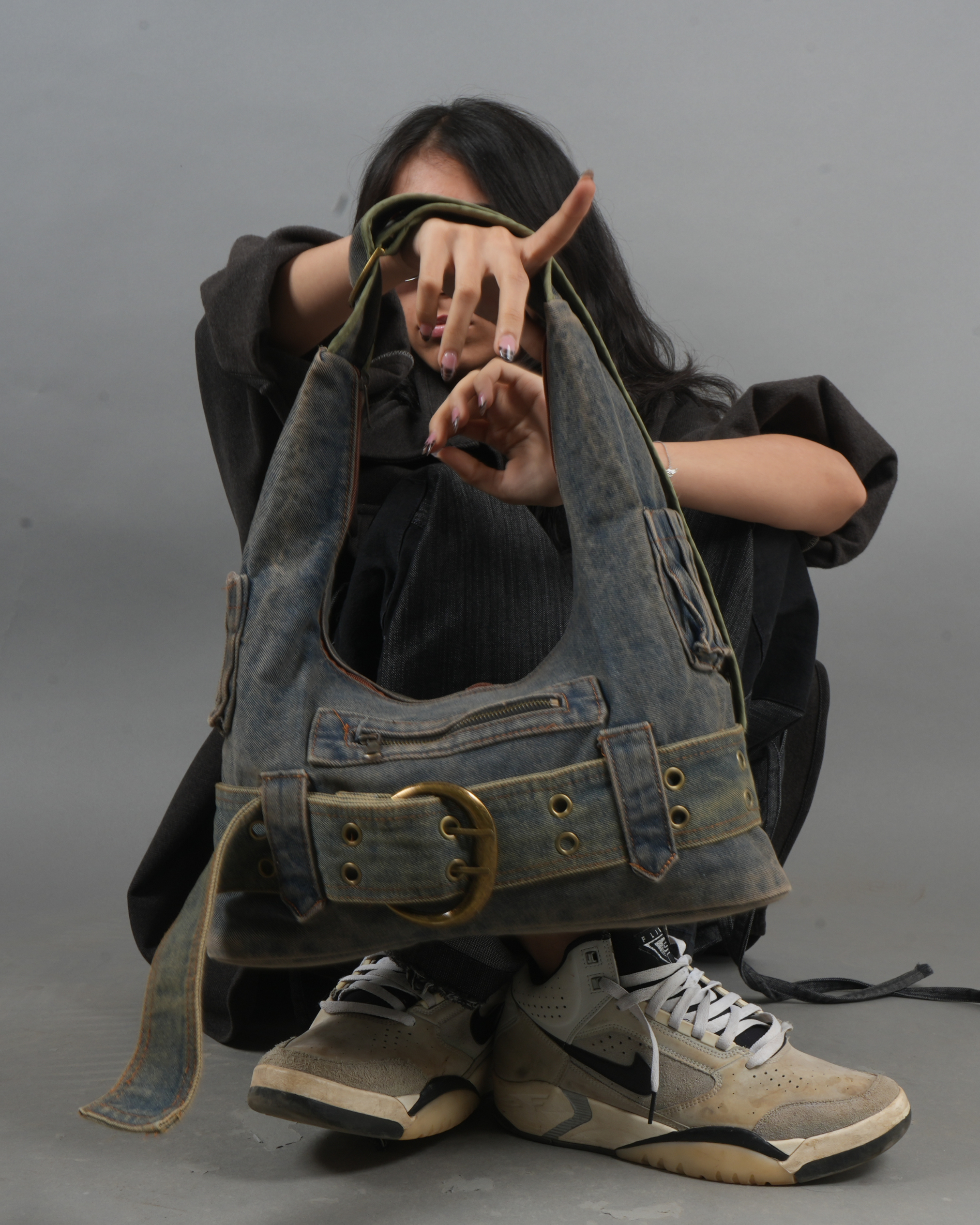 Vintage Buckle Denim Shoulder Bag