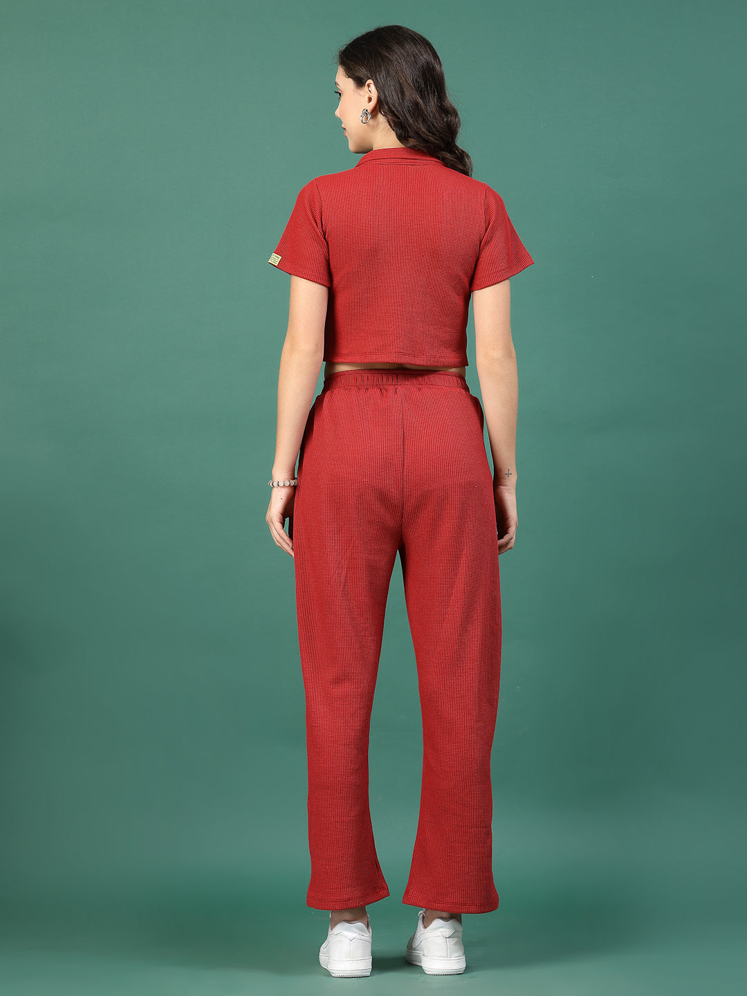 Women Maroon Solid Waffle Short Sleeves Regular Fit Co-ord Set