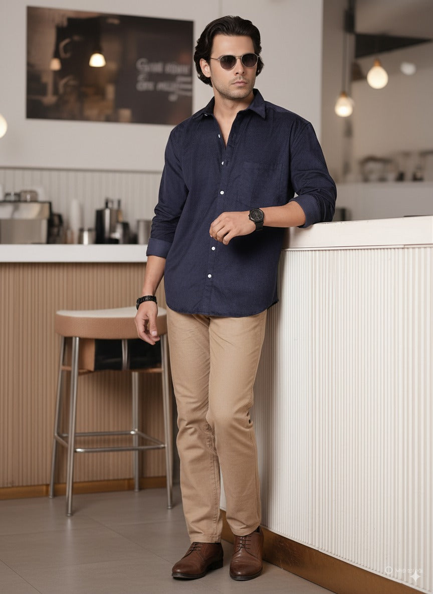 Men Blue Corduroy Cut Away Collar Casual Shirt