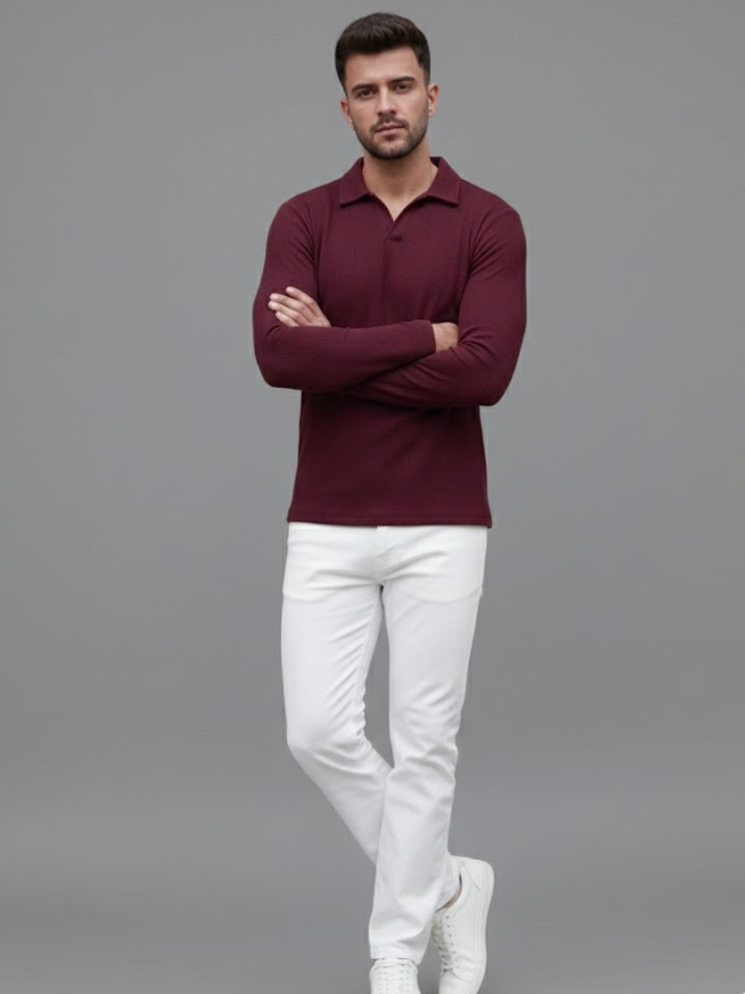 Men Solid Full Sleeves Casual Polo Wine T-Shirt