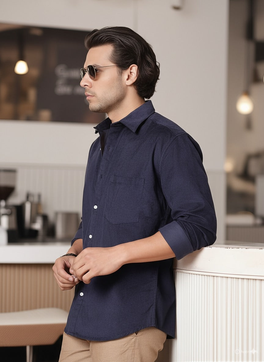 Men Blue Corduroy Cut Away Collar Casual Shirt