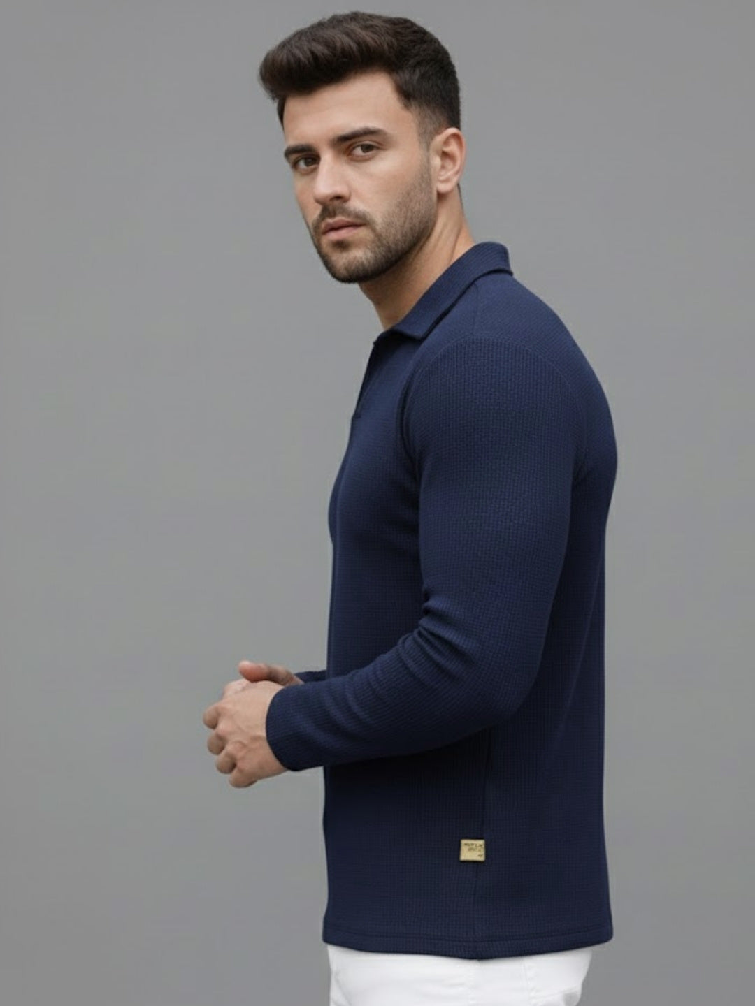Men Solid Full Sleeves Casual Polo Navy Blue T-Shirt