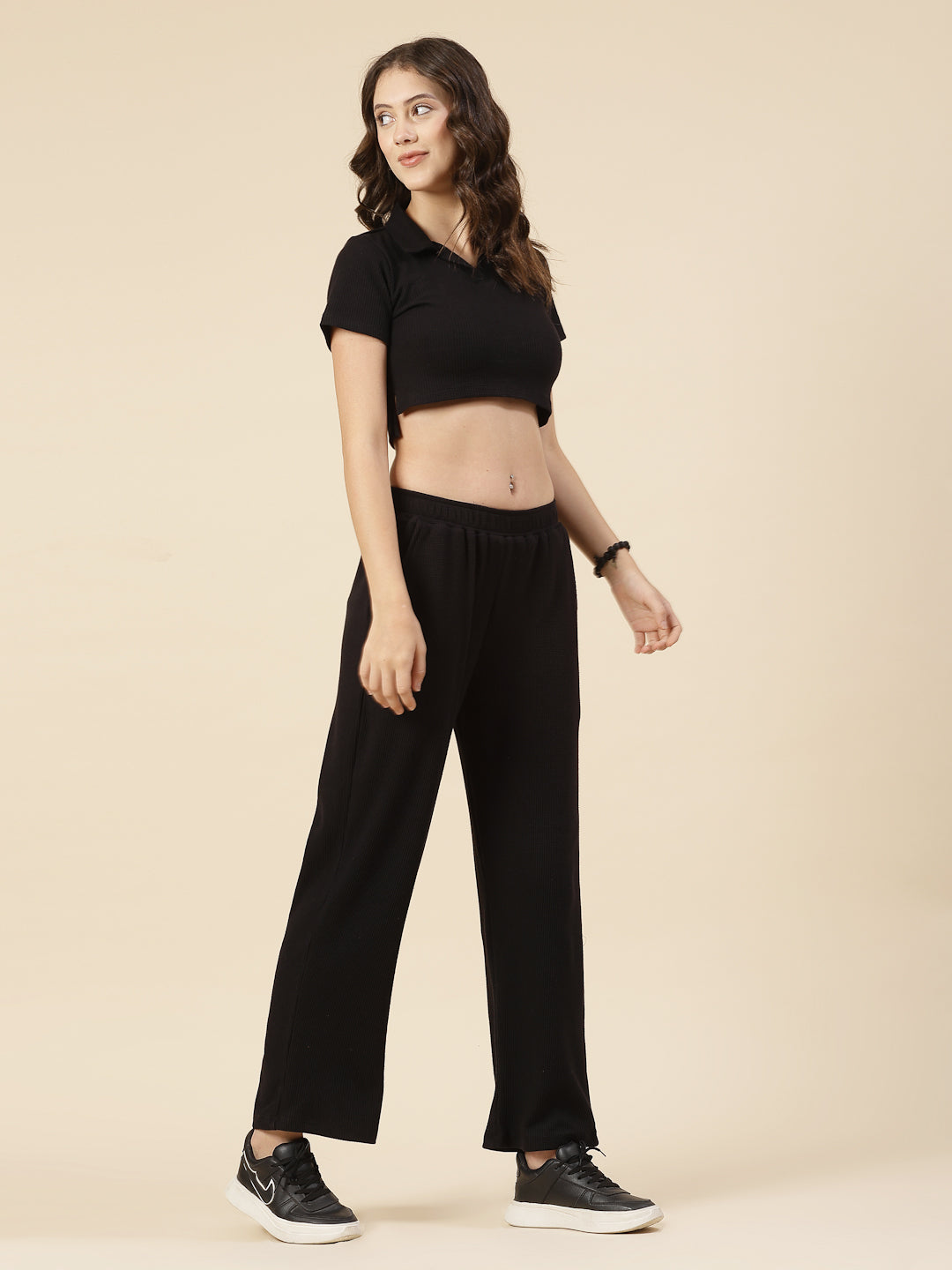 Women Black Solid Waffle Short Sleeves Regular Fit Co-ord Set