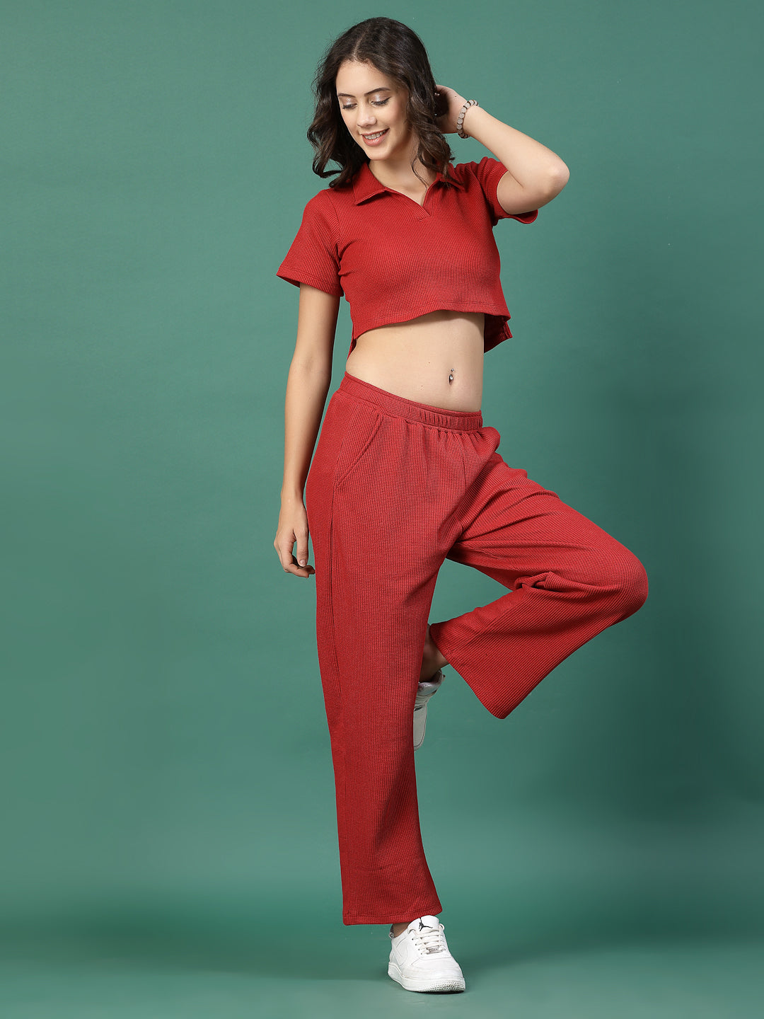 Women Maroon Solid Waffle Short Sleeves Regular Fit Co-ord Set