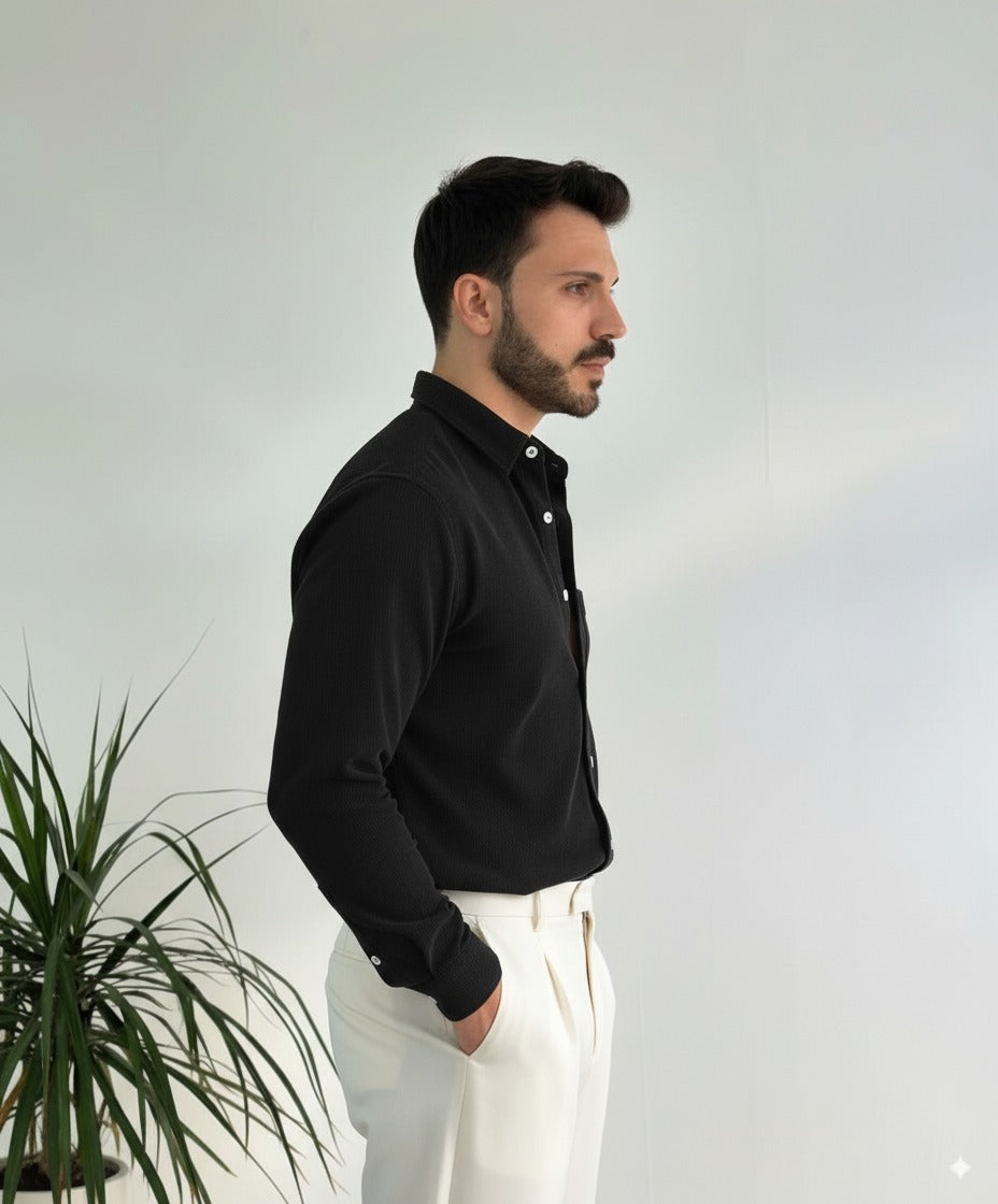 Men Black Corduroy Cut Away Collar Casual Shirt
