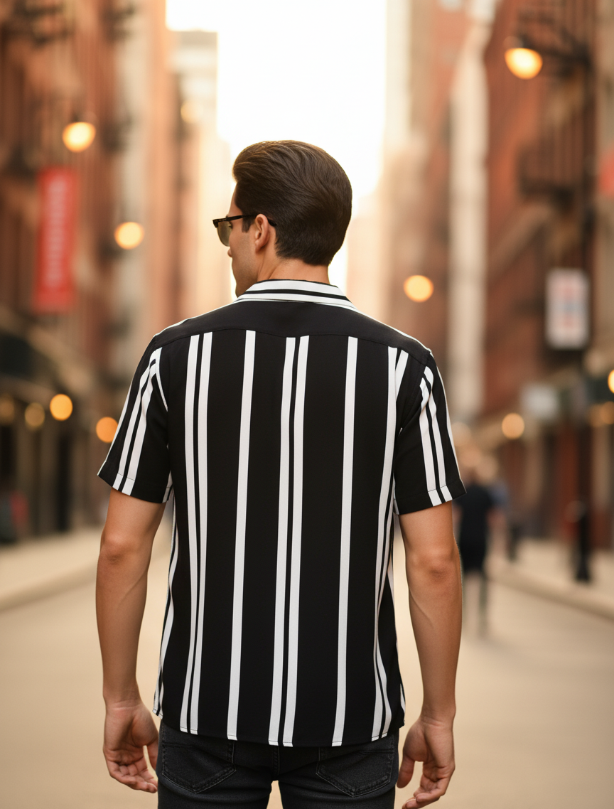 Men Black Rayon Striped Cut Away Collar Casual Shirt