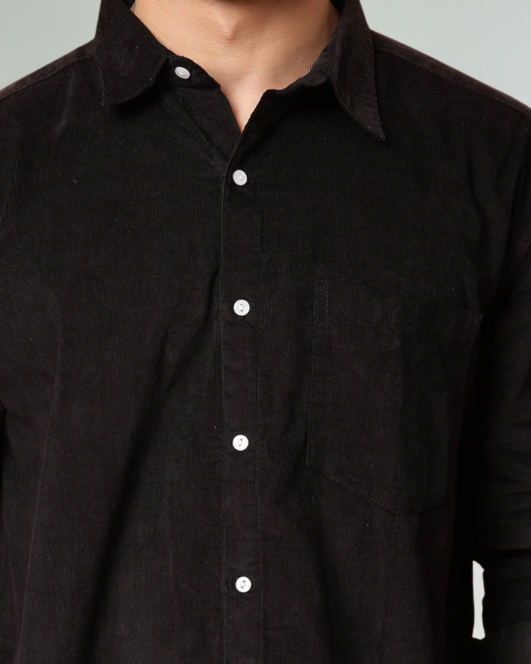 Men Black Corduroy Cut Away Collar Casual Shirt