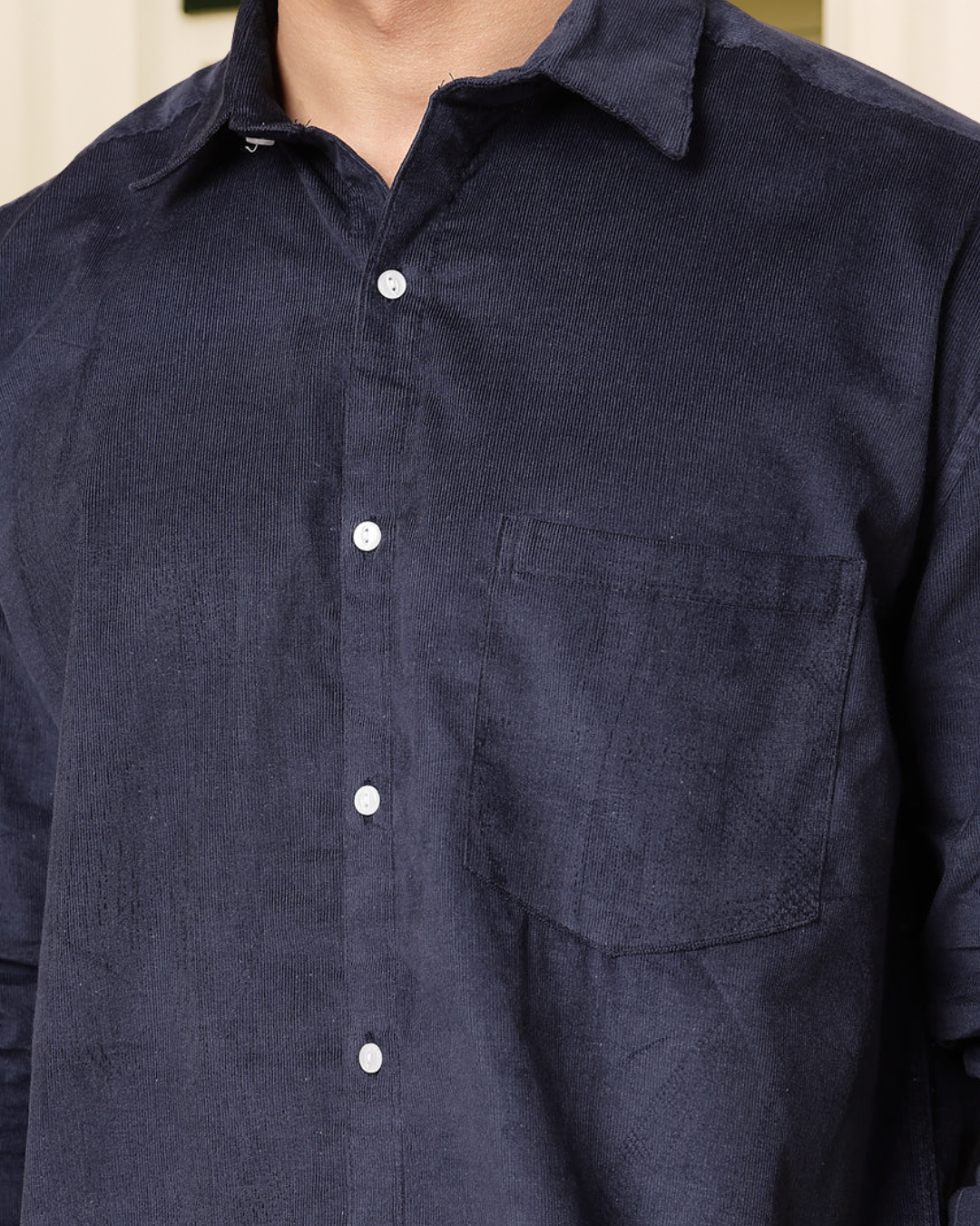 Men Blue Corduroy Cut Away Collar Casual Shirt