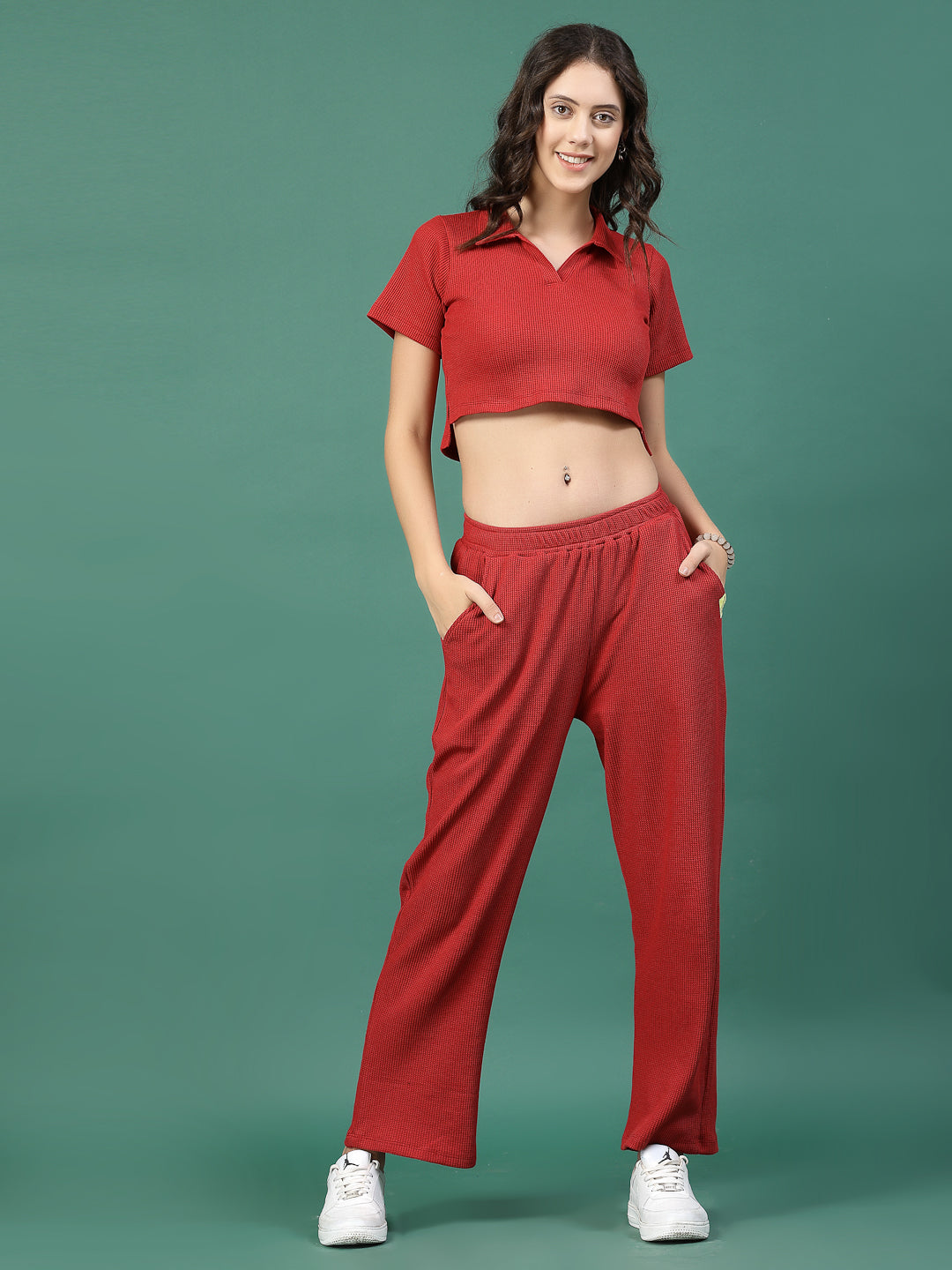 Women Maroon Solid Waffle Short Sleeves Regular Fit Co-ord Set