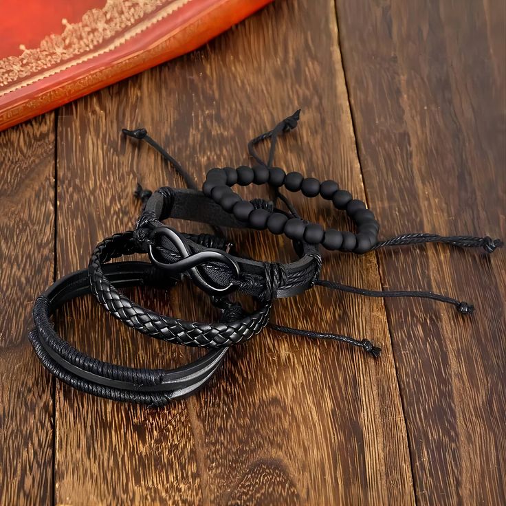 Men Obsidian Black Leather layered Bracelet By Offmint