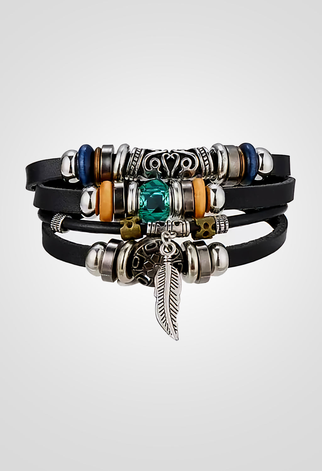 Blue Beads Leaf Multilayer Leather Bracelet By Offmint