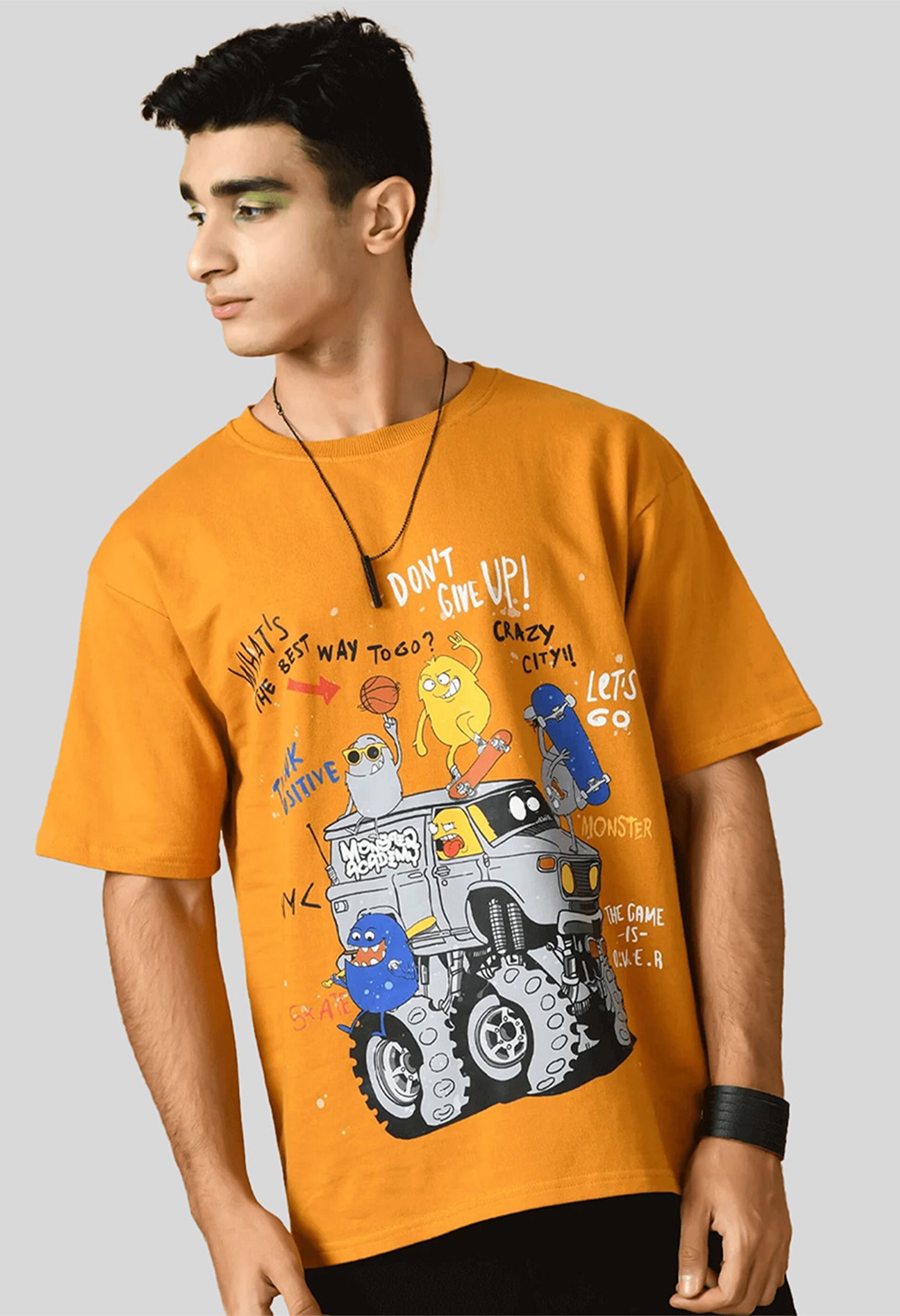 Don't Give Up Printed Mustard Oversized T-shirt By Offmint
