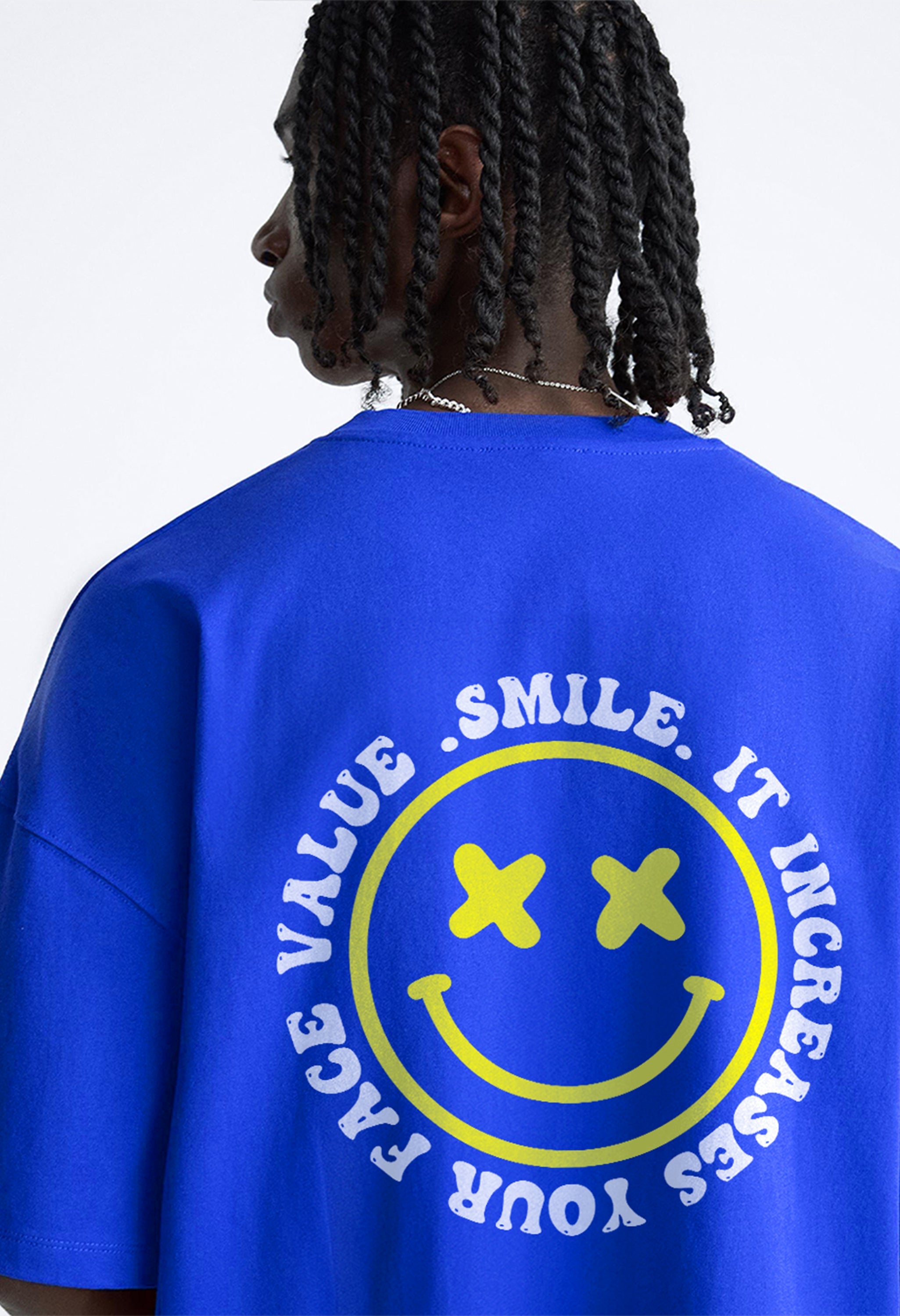 Smiley Printed Blue Oversized T-Shirt By Offmint