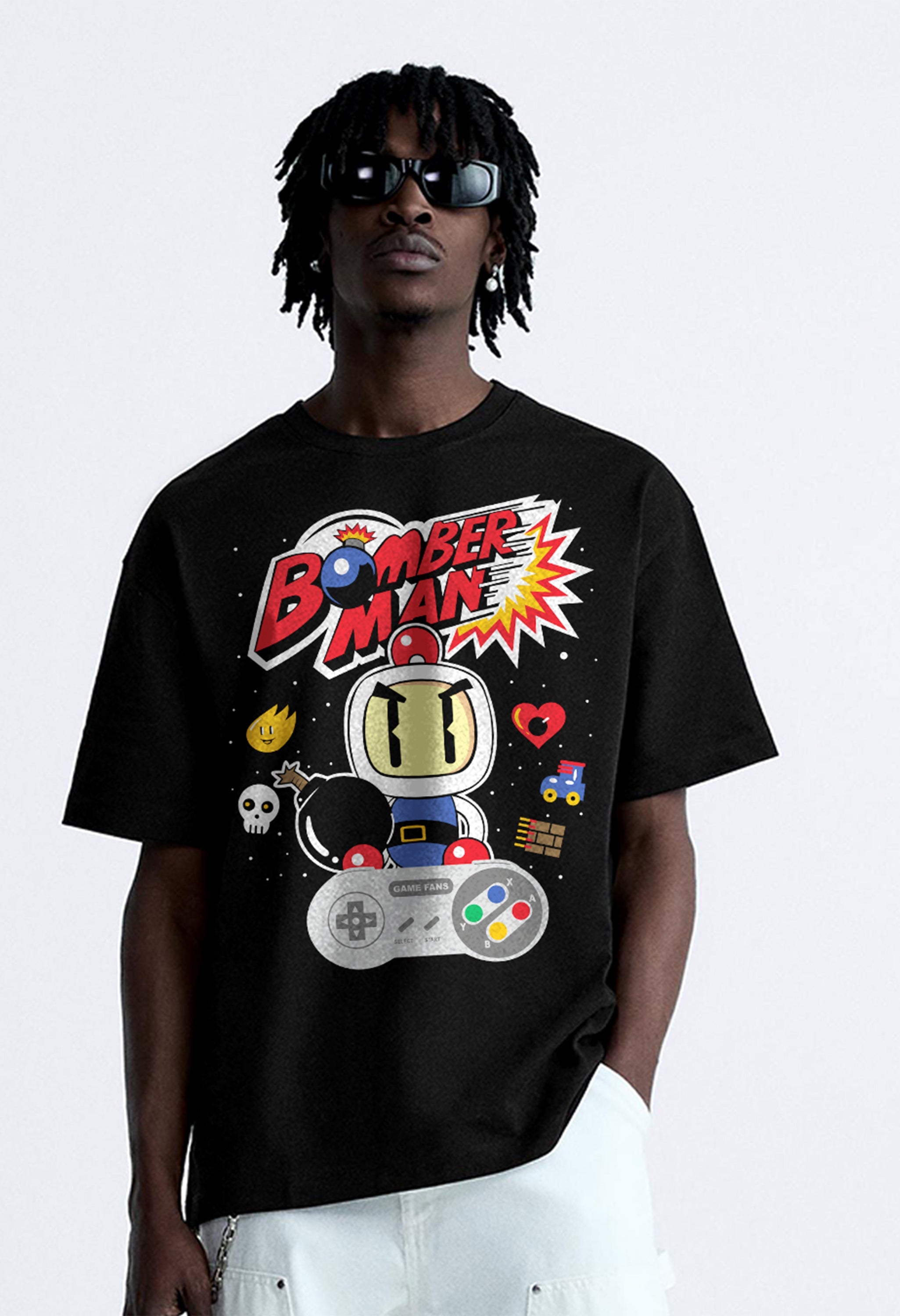 Bomber Man Printed Black Oversized T-Shirt By Offmint