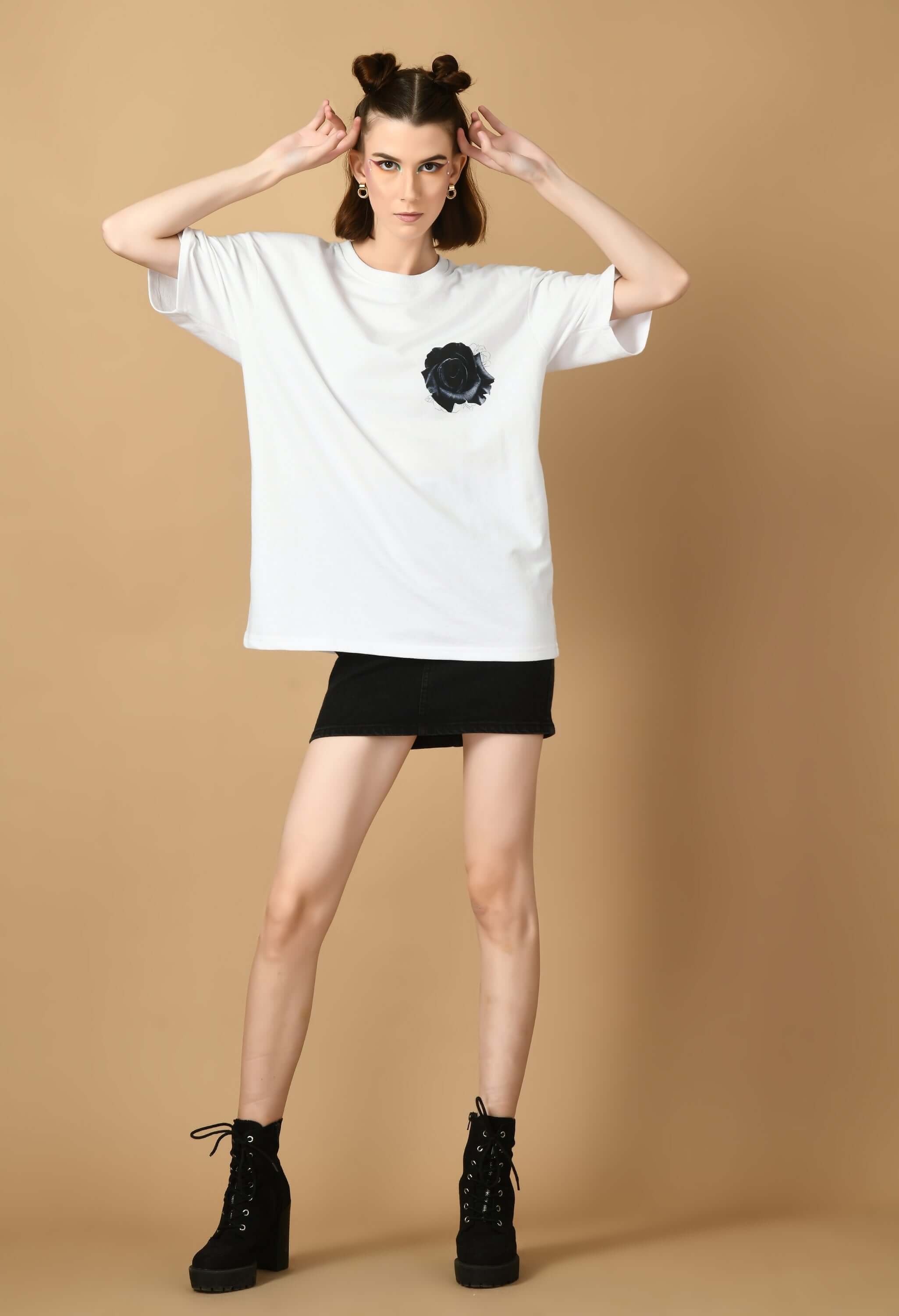 Black Roses Back Printed White Oversized T-shirt