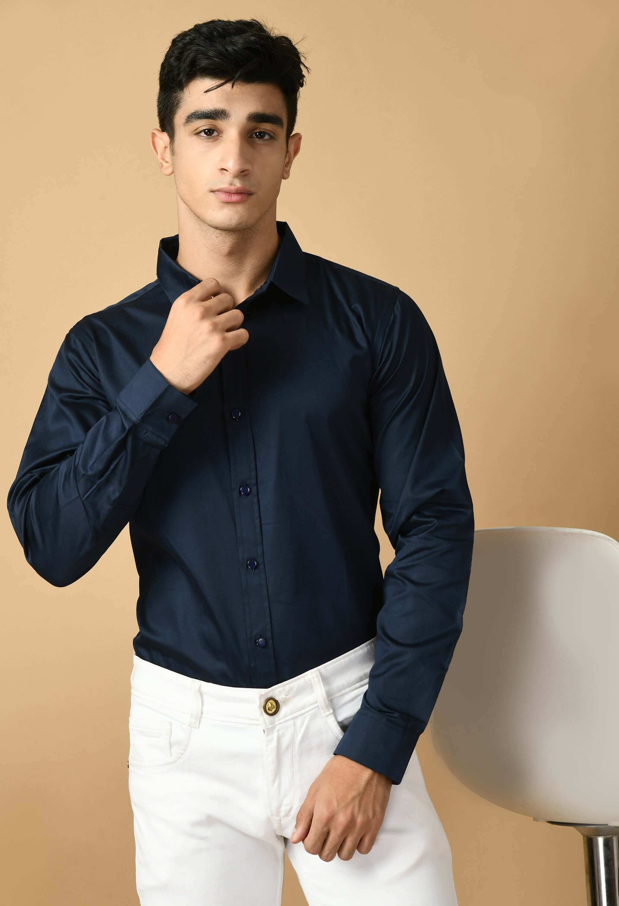 Blue color plain men's clubwear shirt