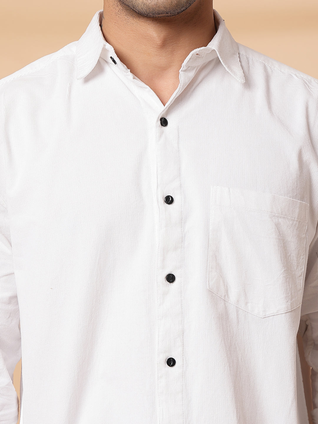 Men White Corduroy Cut Away Collar Casual Shirt