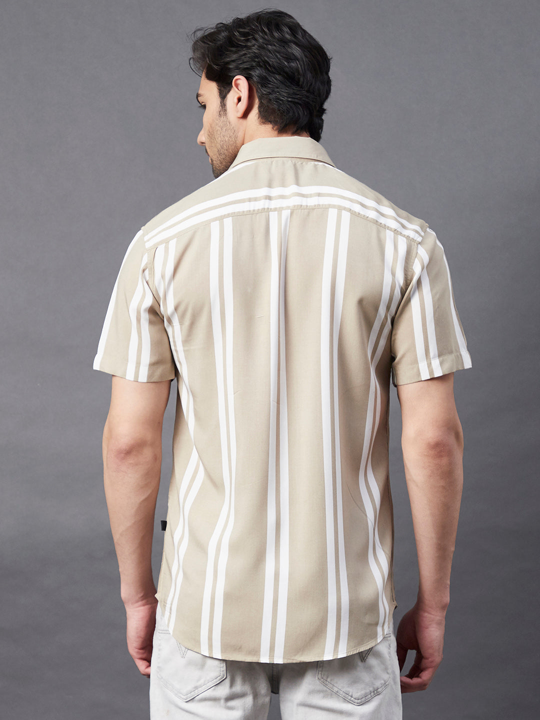 Men Stripes Print Cut Away Collar Beige Casual Shirt