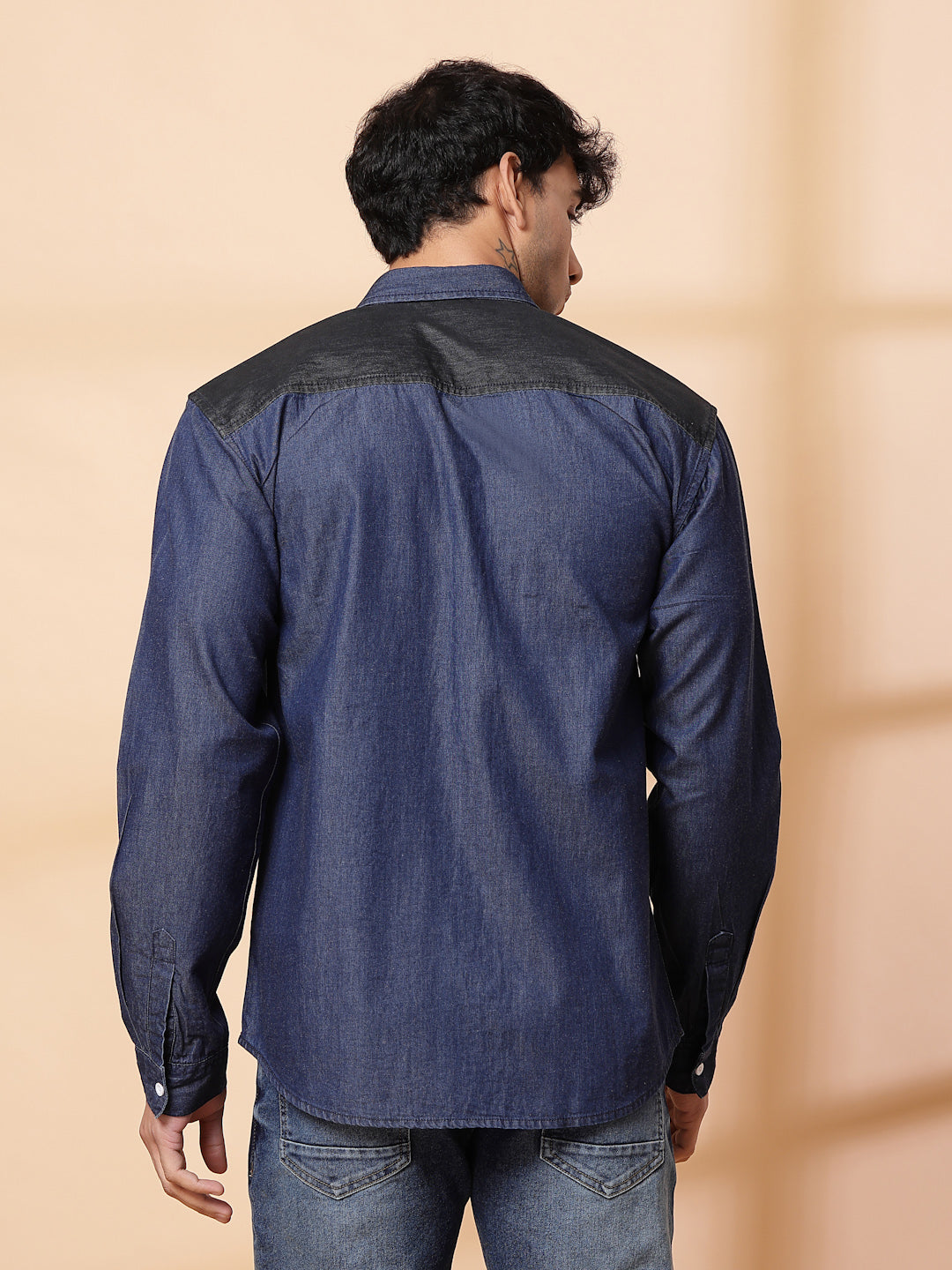 Men Blue Denim Cut Away Collar Casual Shirt