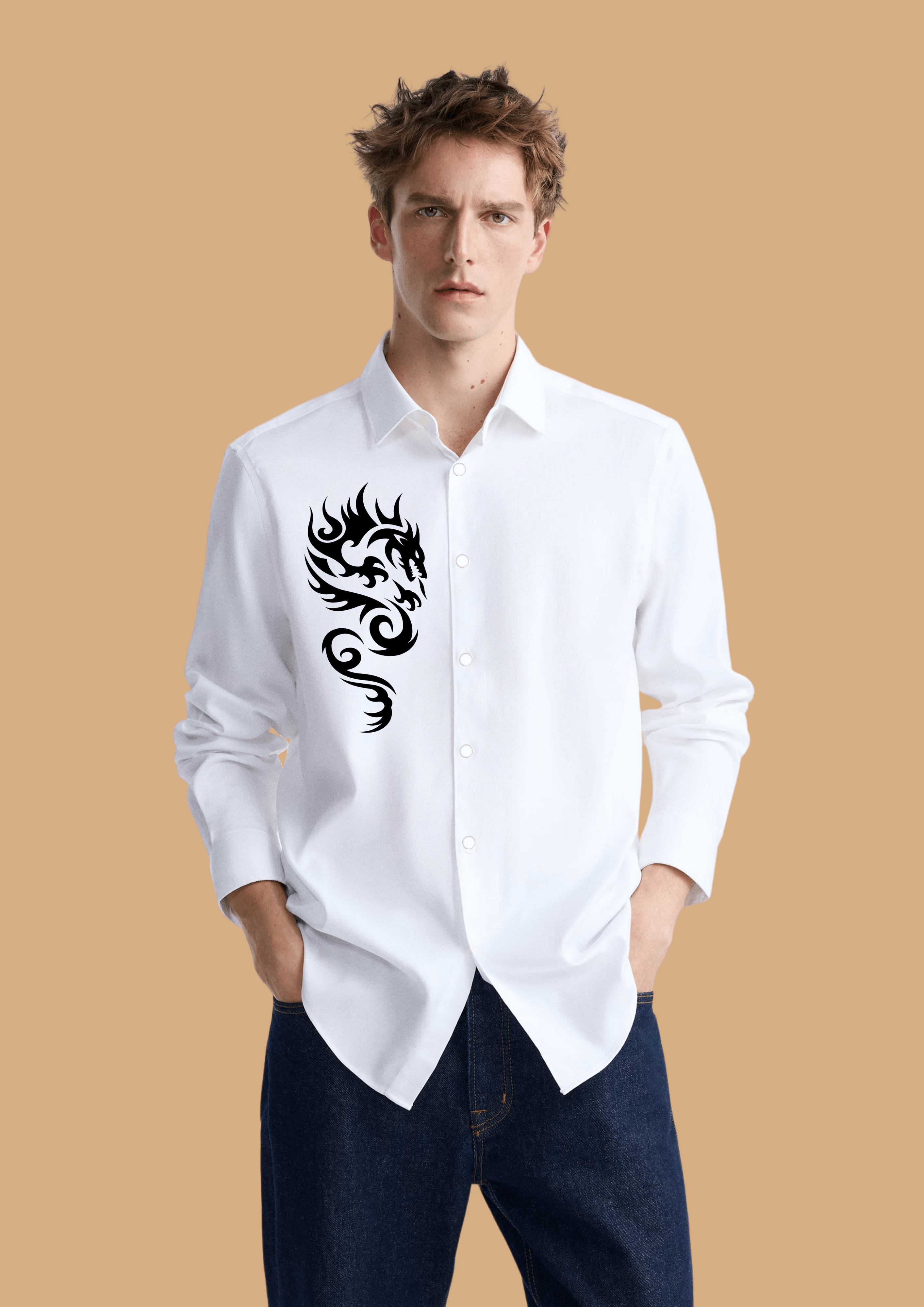 Fire dragon printed white clubwear shirt by offmint