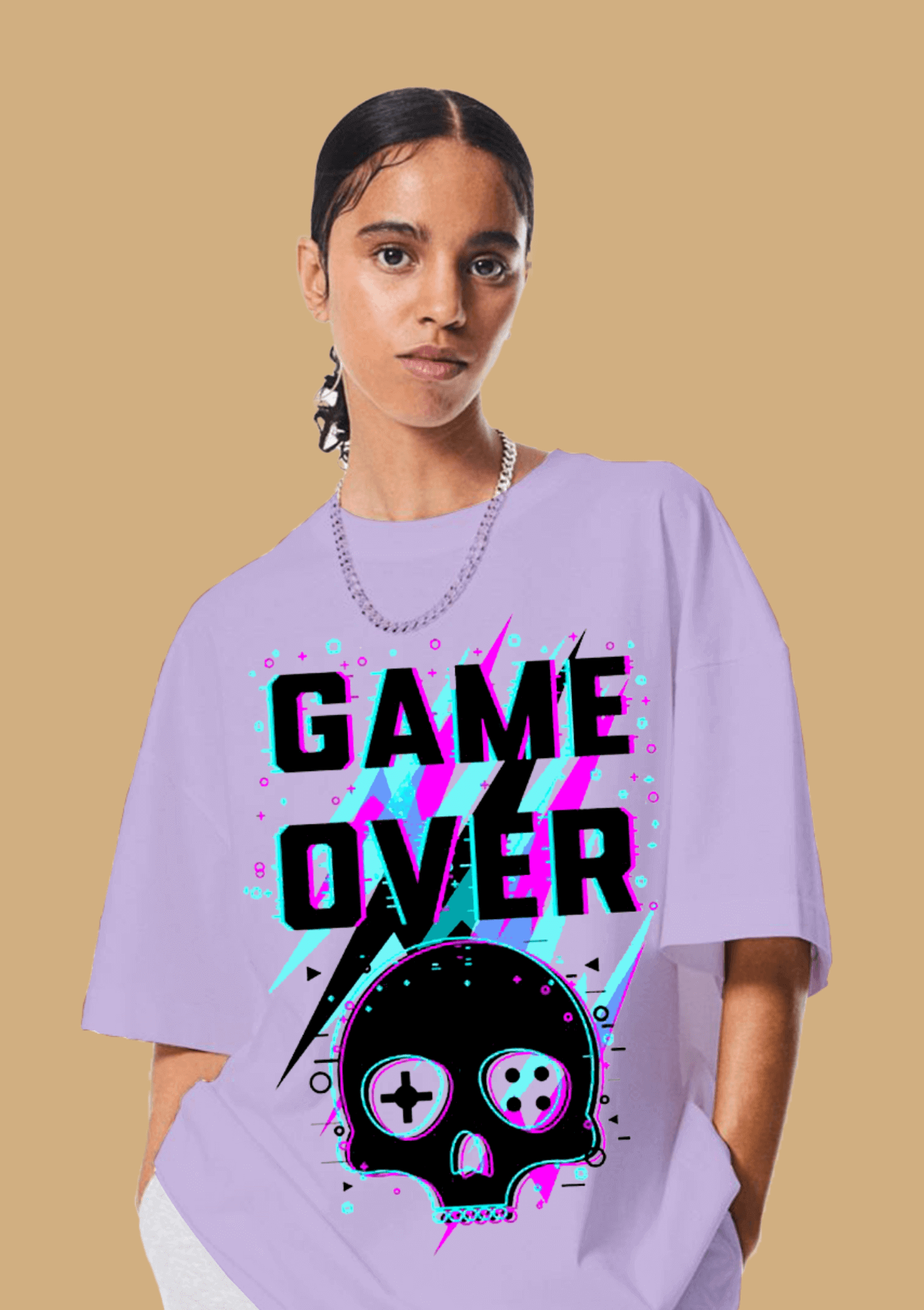 Game over printed lavender color oversized t-shirt