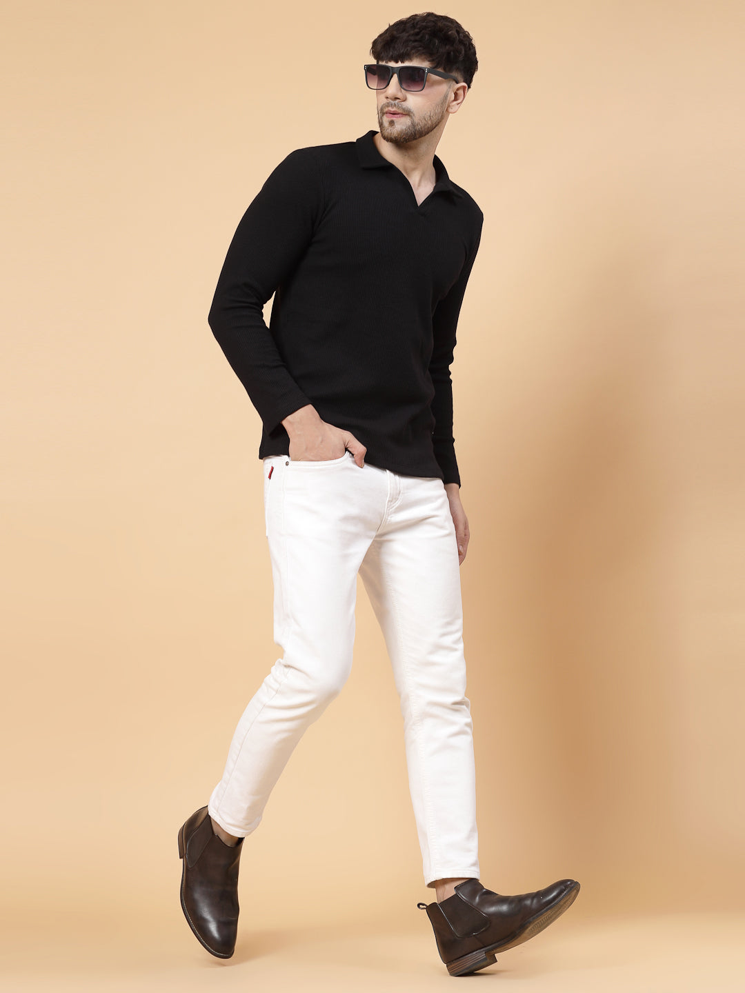 Men Solid Full Sleeves Casual Polo Black T-Shirt