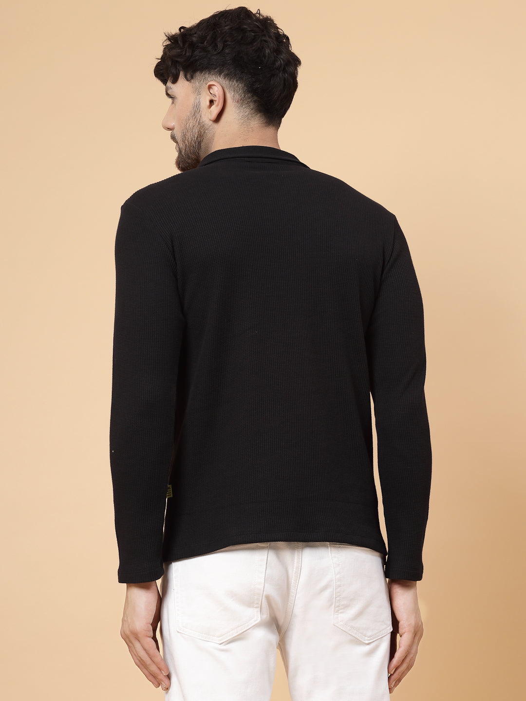 Men Solid Full Sleeves Casual Polo Black T-Shirt