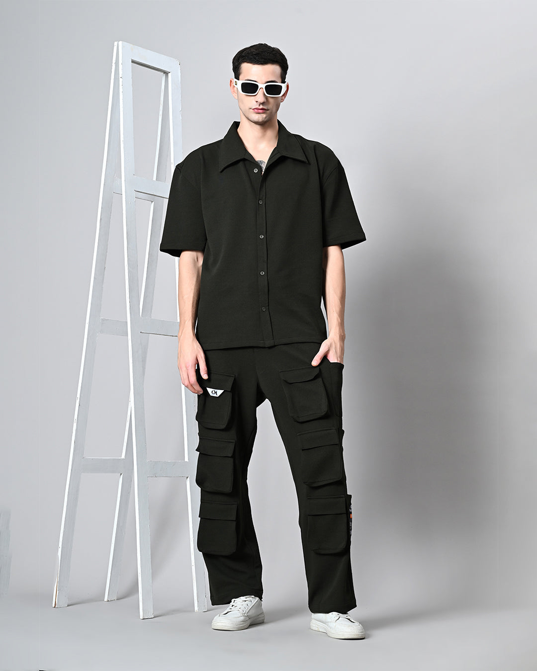 Co-Ord Olive Green Overshirt and Button Set by Offmint - Versatile Casual Elegance