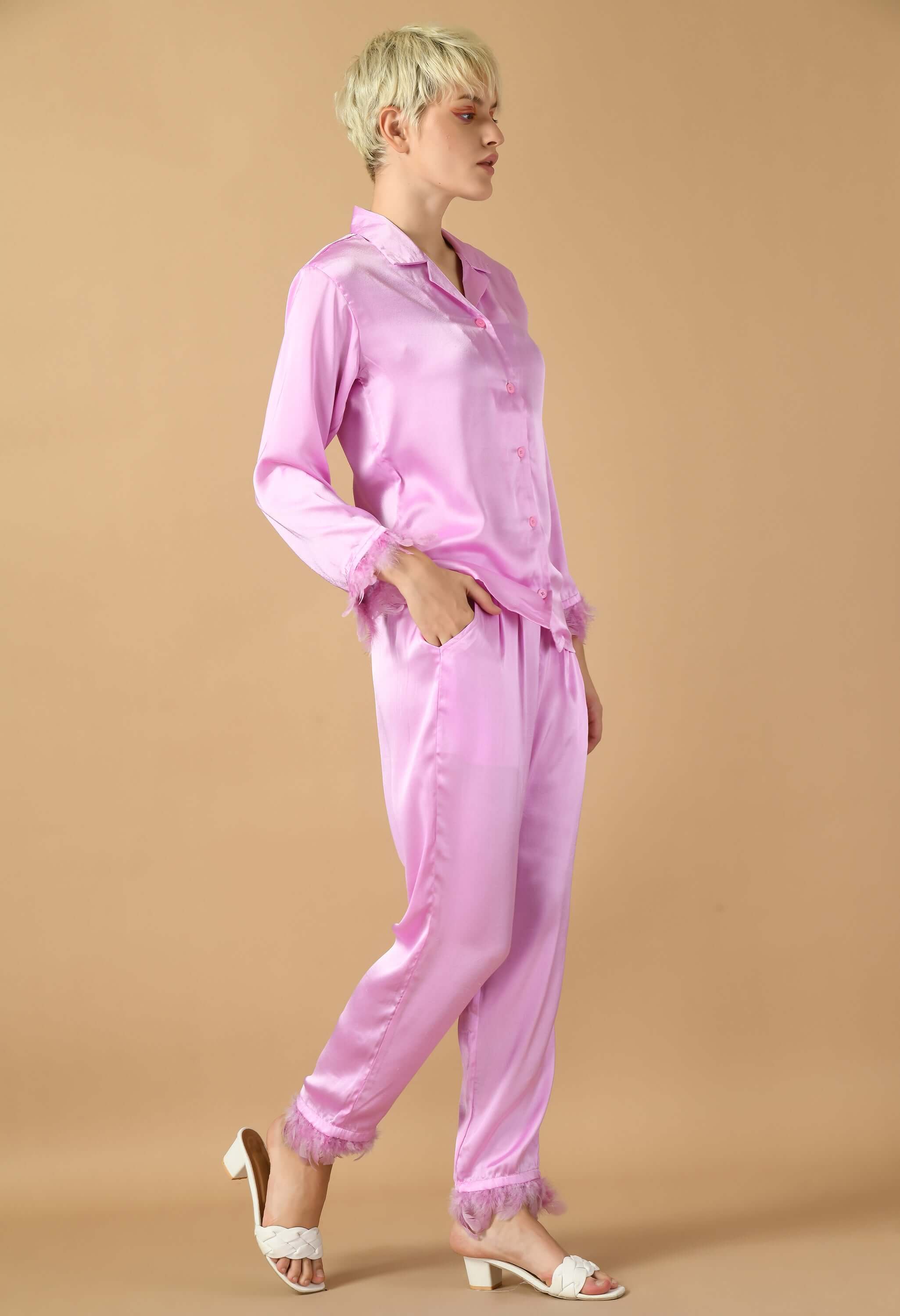 Lavender color satin feather women's co-ord set by offmint