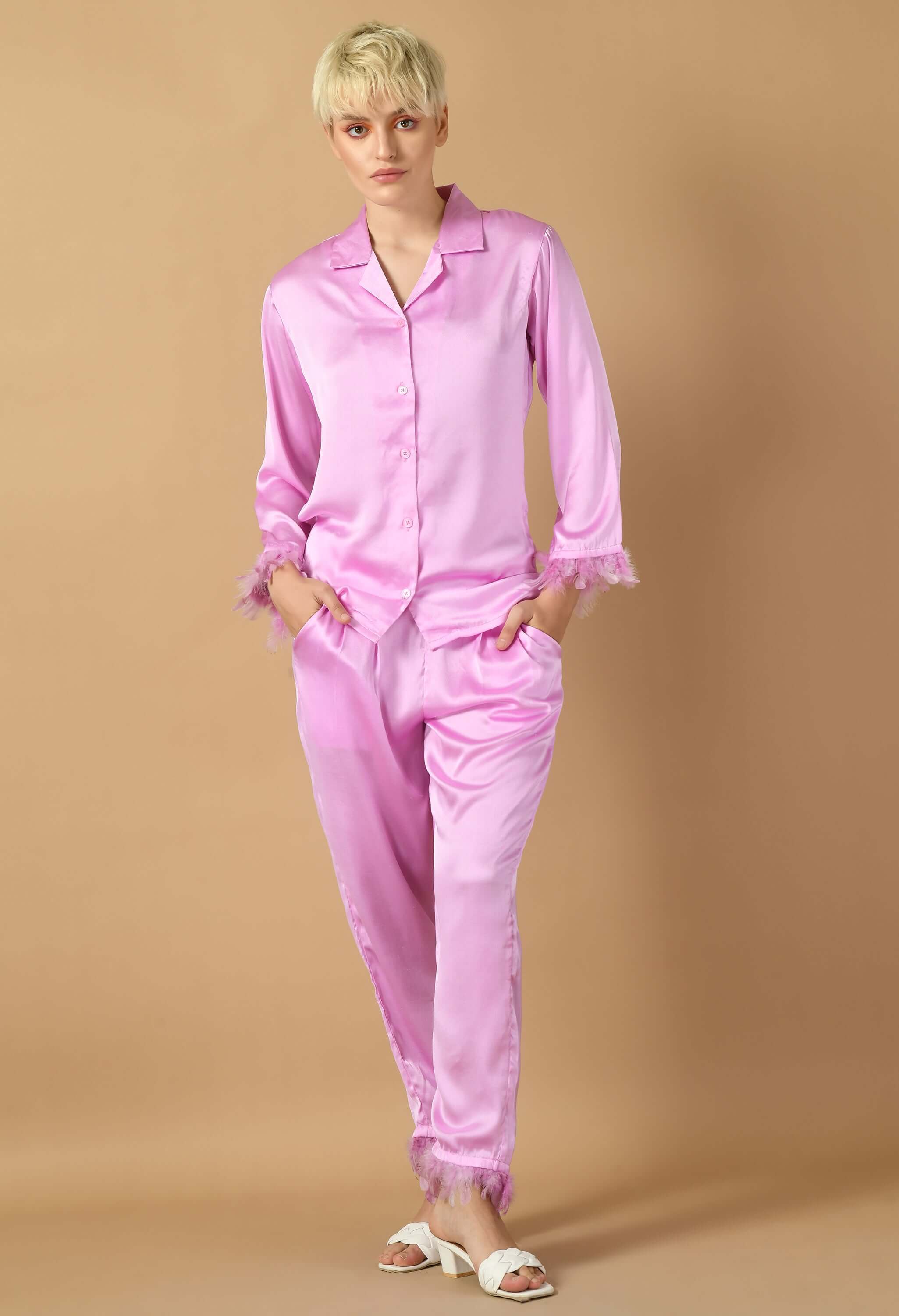 Lavender color satin feather co-ord set by offmint