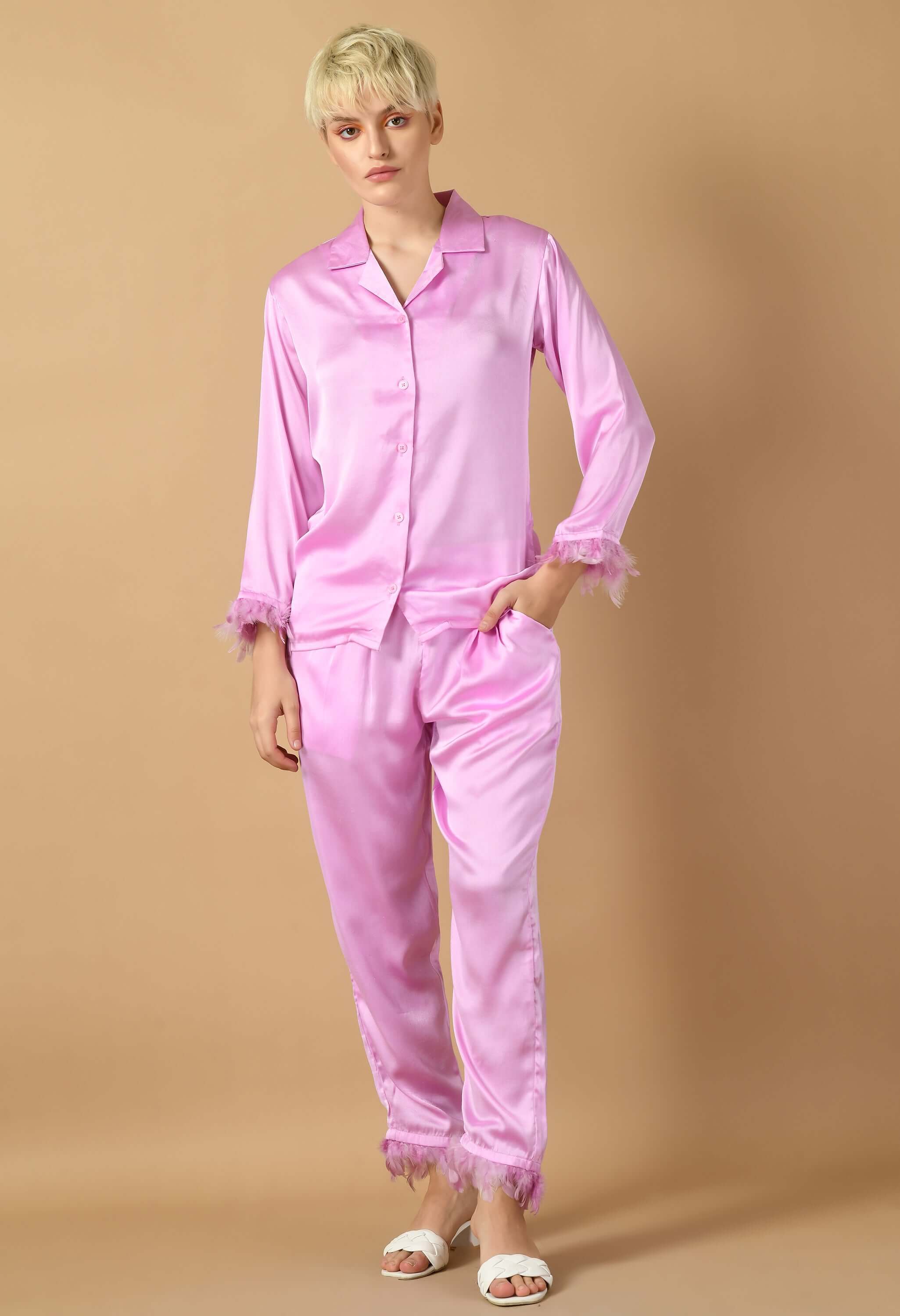 Lavender satin feather co-ord set by offmint