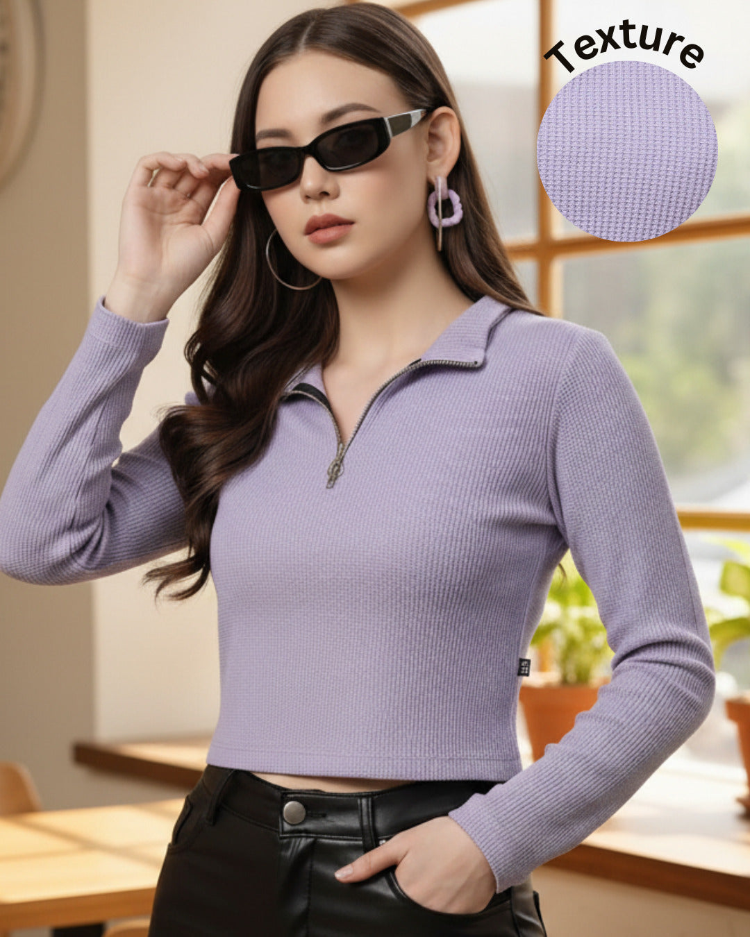 Women Textured Purple Zipper Mock Neck Crop Top