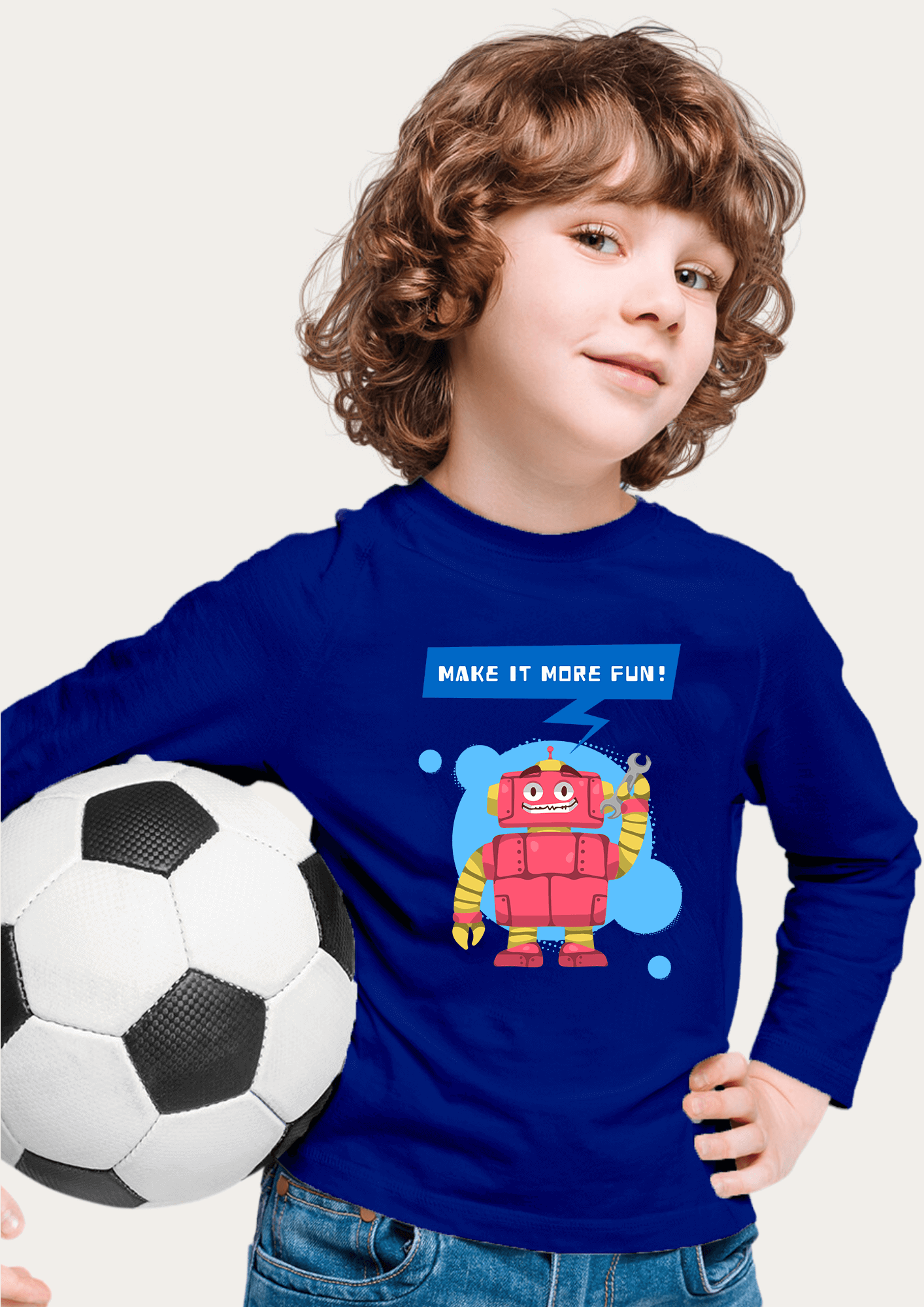 Make It More Fun Printed Royal Blue Full Sleeves Kids T-shirt By Offmint